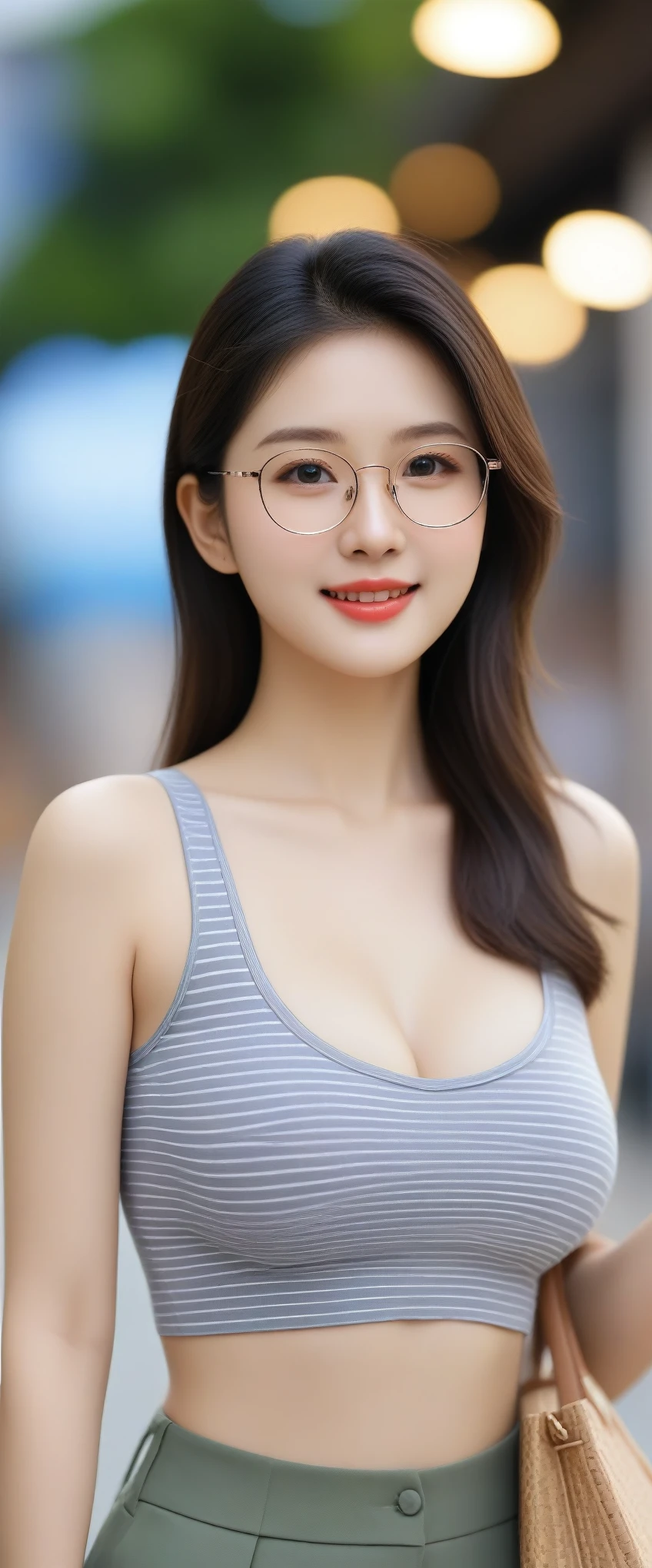 close-up of beautiful korean female, 34 inch breasts size, slightly smile , wearing  gray striped crop  top, glasses, carry bag, bokeh background 