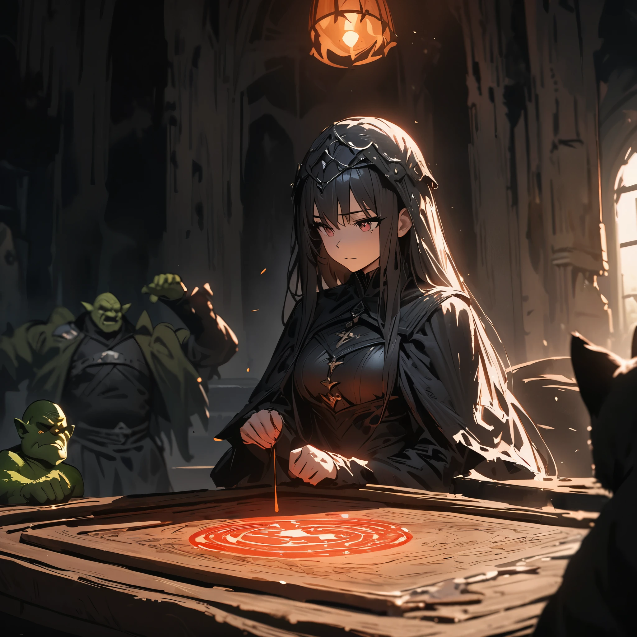 double scene.
Character 1: Interior of darkened witch's cottage, black magic witch, veiled, divining, thin and wiry, seated on one side of divining table, with a black cat by her side, the
Character 2: Orc officer, sitting on the other side of the witch's divination table, wearing armor, tall and lanky.
Best quality, beautiful picture, extreme detail, masterpiece, cinematic light, masterpiece, impasto