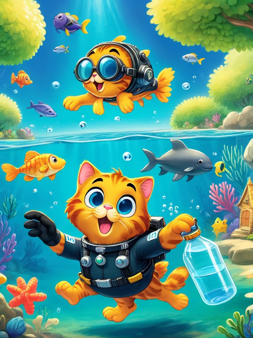 (solo:1.3), the iconic tabby ((Garfield)) is geared up in a scuba diving suit, complete with flippers and a snorkel mask, with his natural curiosity and love for exploration he plunges into the crystal-clear ocean water, surrounded by colorful coral reefs and a variety of marine life, as he gracefully glides through the water Garfield's face is filled with wonder and excitement as if he has discovered a whole new world beneath the surface