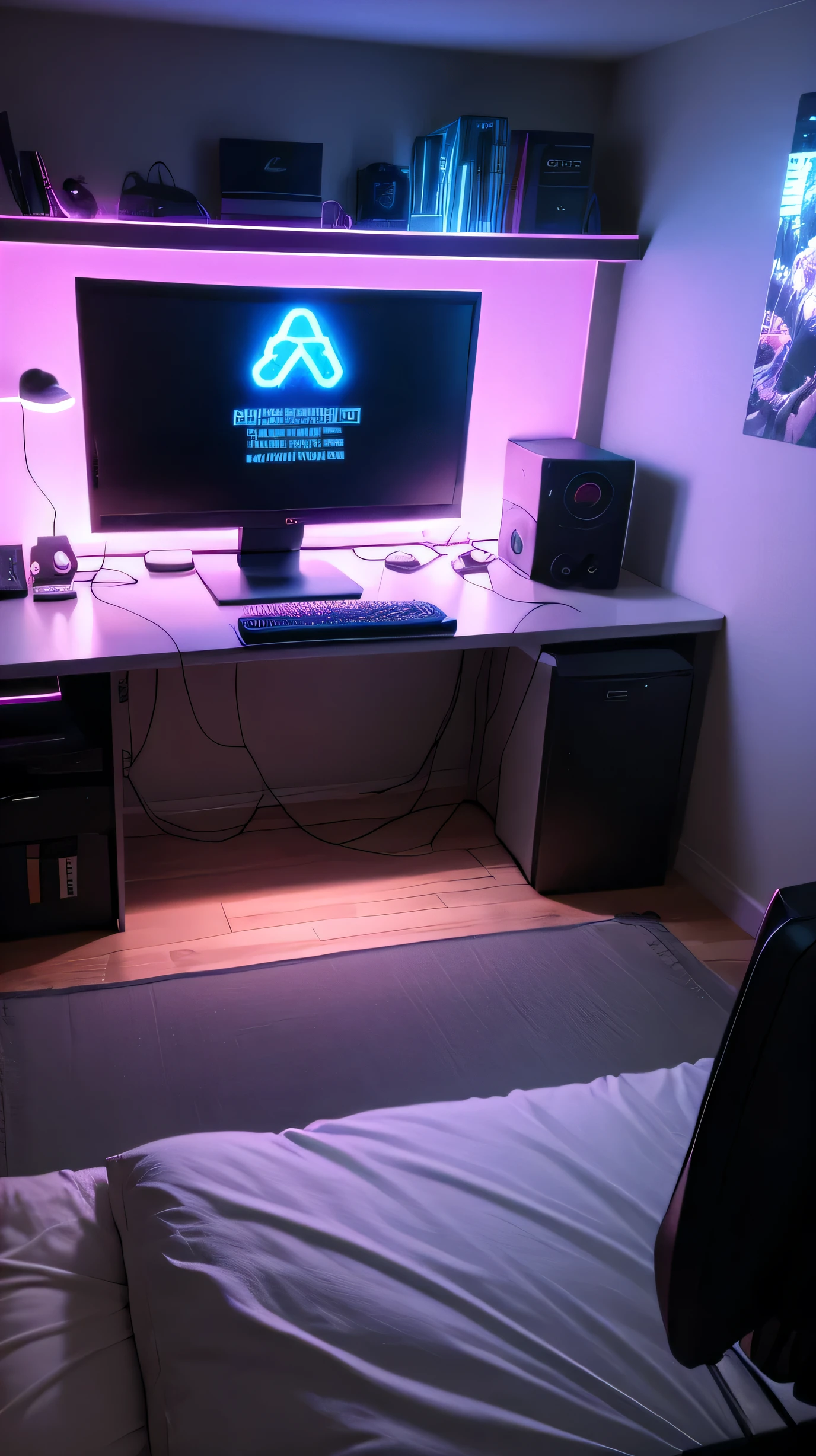 bedroom with gaming computer with led neon lights, 8k