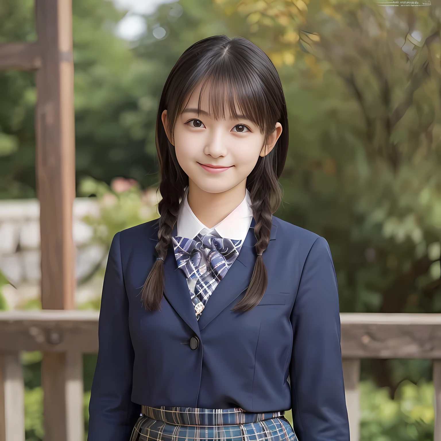 (highest quality、masterpiece:1.2)、highest quality、realistic、photograph、High resolution、1080p、8K、The face is especially pale., physical rendering、((Height: 155cm)), one Japanese girl、((A 15-year-old Japanese junior high school student)), ((Fashion model in a Japanese magazine)), , (((big very detailed beautiful dark brown eyes))), ((blue girly large wine-red glossy polyester Japanese school ribbon bow tie)), (((black beautiful long twin braids hair))), ((((deep blue colored tartan checkered formal long pleated pleated skirt)))), ((A formal dark blue blazer that is slightly oversized and has an emblem on the left chest.)), ((((((smile)))))), mouth is open, The large blazer and skirt are very cute., detailed fingers, Slender body, ((curled bangs)), so beautiful, long eyelashes, ((Very big and very very very cute eyes of a Japanese girl)), ((large pupils)), double eyelids, The entire skirt is photographed, thin eyebrows, ((drooping eyes)), ((long eyelashes)), ((cute lovely lovely laughing laughing cheeks)), ((Pure white light hits her face from above and in the front, making her skin and eyes shine beautifully.)), ((Strong light hits the nose and cheeks、It brings out the richness of the expression.)), (((((A very cute face with a rich expression and a pure look))))), (((Shot from the right side)))