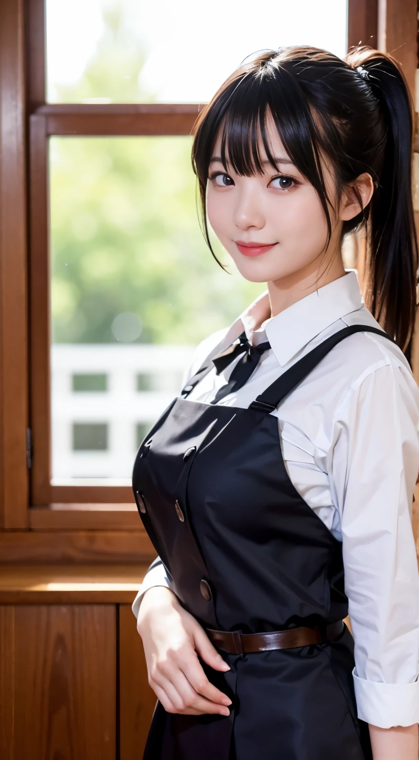(highest quality,masterpiece:1.3,ultra high resolution,),(Super detailed,caustics),(Photoreal:1.4,RAW shooting,)ultra-realistic capture,very detailed,High resolution 16K human skin close-up。 natural skin texture、,The pores are、、、、Must be detailed enough to be easily identified。 Skin should look even-toned and healthy。 Use natural light and color,restaurant,waitress uniform,1 girl,Japanese,18-year-old,cute,black haired,ponytail,big breasts,smile,turn your body forward,(Front view:1.1),look at the camera,cowboy shot,