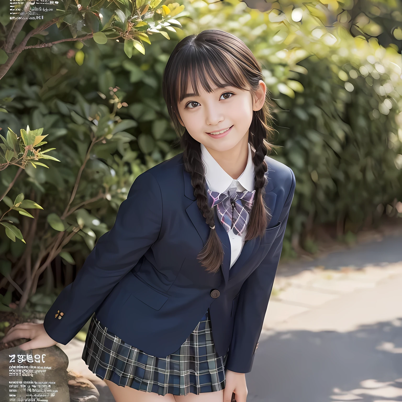 (highest quality、masterpiece:1.2)、highest quality、realistic、photograph、High resolution、1080p、8K、The face is especially pale., physical rendering、((Height: 155cm)), one Japanese girl、((A 15-year-old Japanese junior high school student)), ((Fashion model in a Japanese magazine)), , (((big very detailed beautiful dark brown eyes))), ((blue girly large wine-red glossy polyester Japanese school ribbon bow tie)), (((black beautiful long twin braids hair))), ((((deep blue colored tartan checkered formal long pleated pleated skirt)))), ((A formal dark blue blazer that is slightly oversized and has an emblem on the left chest.)), ((((((smile)))))), mouth is open, The large blazer and skirt are very cute., detailed fingers, Slender body, ((curled bangs)), so beautiful, long eyelashes, ((Very big and very very very cute eyes of a Japanese girl)), ((large pupils)), double eyelids, The entire skirt is photographed, thin eyebrows, ((drooping eyes)), ((long eyelashes)), ((cute lovely lovely laughing laughing cheeks)), ((Pure white light hits her face from above and in the front, making her skin and eyes shine beautifully.)), ((Strong light hits the nose and cheeks、It brings out the richness of the expression.)), (((((A very cute face with a rich expression and a pure look))))), (((Shot from the right side)))