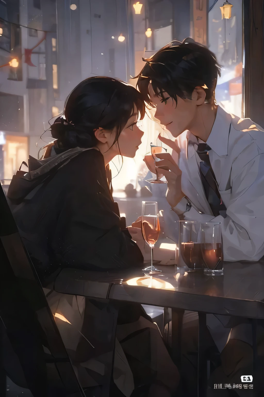 Animated couple sitting at the table drinking wine and looking at each other, artwork in the style of Guweizu, Guweizu, romantic couple, High quality fan art, by 양J, lovely couple, sakimichan and makoto shinkai, Guweizu and makoto shinkai, with a drink, by Yesin, Guweizu masterpiece