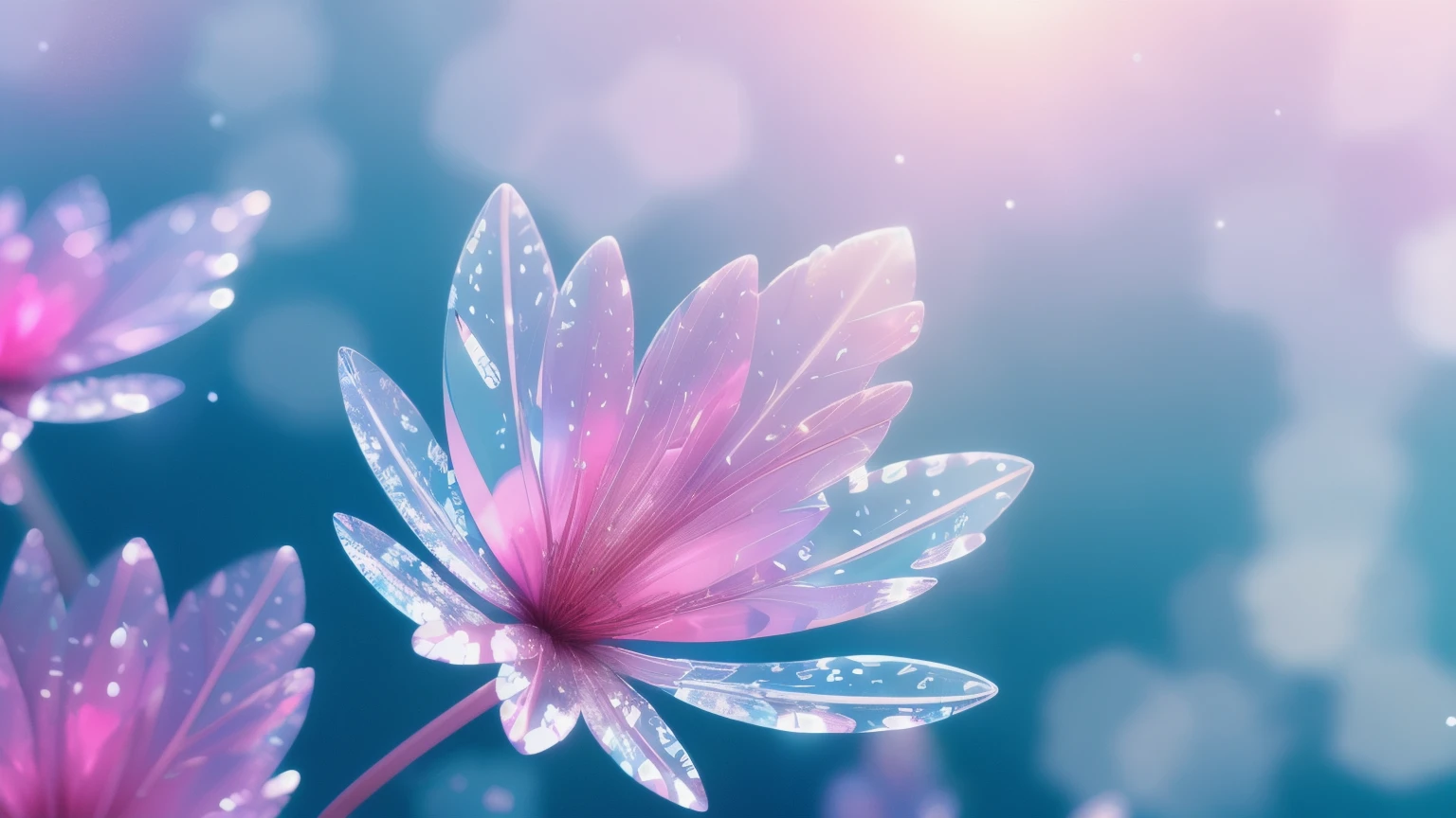 Crystal spring flower,Pink white gradient,water drop,Fantastical, galaxies, Transparent,, Pink white gradient,water drop,Light blue leaves,Sparkle, Sparkle, brilliance, Water,colorful,, Magical photography of light blue leaves, dramatic illumination, Photo realism, Ultra detailed, 4k, depthoffield, high resolusion