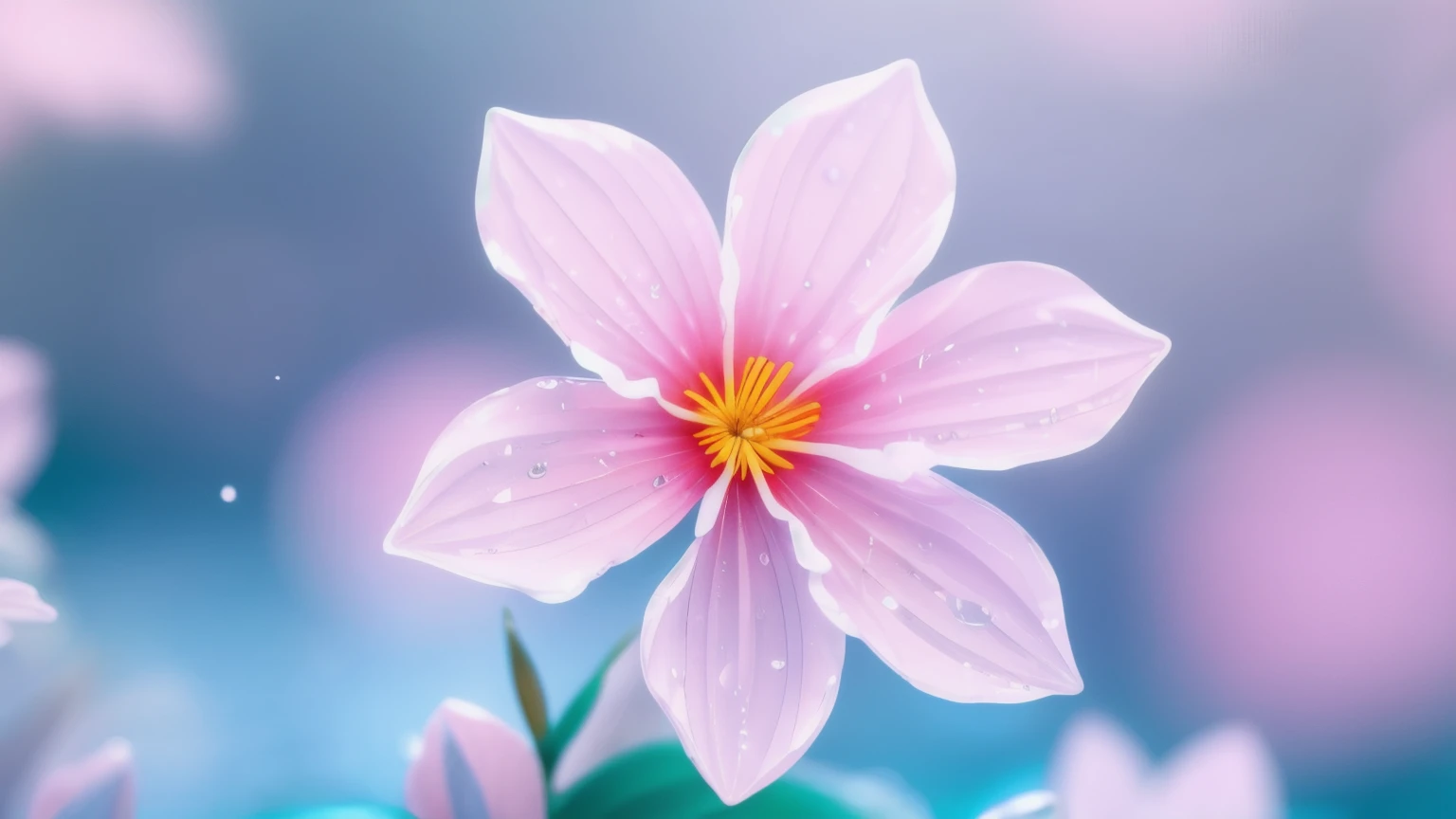 Crystal spring flower，Pink white gradient，water drop，Fantastical, galaxies, Transparent,, Pink white gradient，water drop，Light blue leaves，Sparkle, Sparkle, brilliance, Water，colorful，, Magical photography of light blue leaves, dramatic illumination, Photo realism, Ultra detailed, 4k, depthoffield, high resolusion