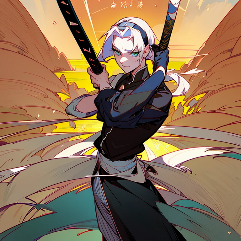 Le personnage est un ninja de Konoha, wearing the emblematic village on its forehead band. He has slicked back white hair., with a lock of white hair falling slightly forward. Ses yeux sont grands et expressifs, ajoutant une touche de détermination à son regard. Sa peau est d'un ton noir profond, reflecting his strength and resilience.
Il est vêtu d'un costume noir élégant, plutôt semblable à celui d'un businessman, avec une cravate assortie. Attached to his back, a sparkling katana, symbol of his combat skill and mastery of the ninja arts.
Le ninja est perché sur le dos d'une tortue majestueuse, symbol of longevity and wisdom. background, the heads of the former Hokages emerge, testifying to the history and greatness of Konoha. Le village lui-même se dessine à l'horizon, its iconic buildings standing proudly under the setting sun, évoquant la force et la solidarité de la communauté ninja.