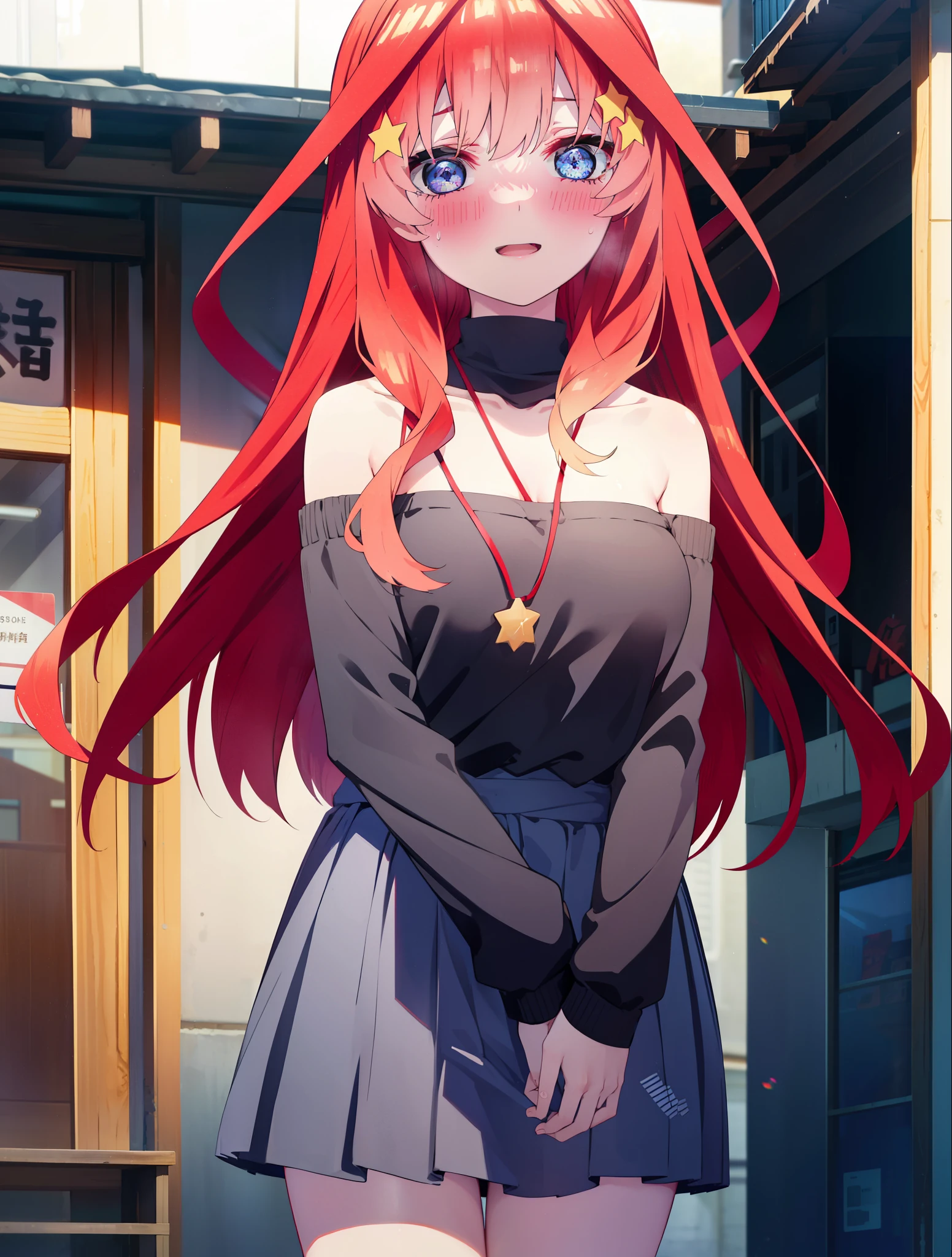 itsukinakano, itsuki nakano, bangs, blue eyes, hair between eyes, Ahoge, redhead, star \(symbol\happy smile, smile, open your mouth,embarrassing,blush, hair ornaments, star hair ornaments,red off shoulder sweater,bare shoulders,bare clavicle,naked neck,Heart Pendant Necklace,Black long skirt,Mini Boots,whole bodyがイラストに入るように,There are many shops,noon,
break outdoors, station Entrance,
break looking at viewer,whole body (cowboy shot:1.5),
break (masterpiece:1.2), highest quality, High resolution, unity 8k wallpaper, (shape:0.8), (fine and beautiful eyes:1.6), highly detailed face, perfect lighting, Very detailed CG, (perfect hands, perfect anatomy),