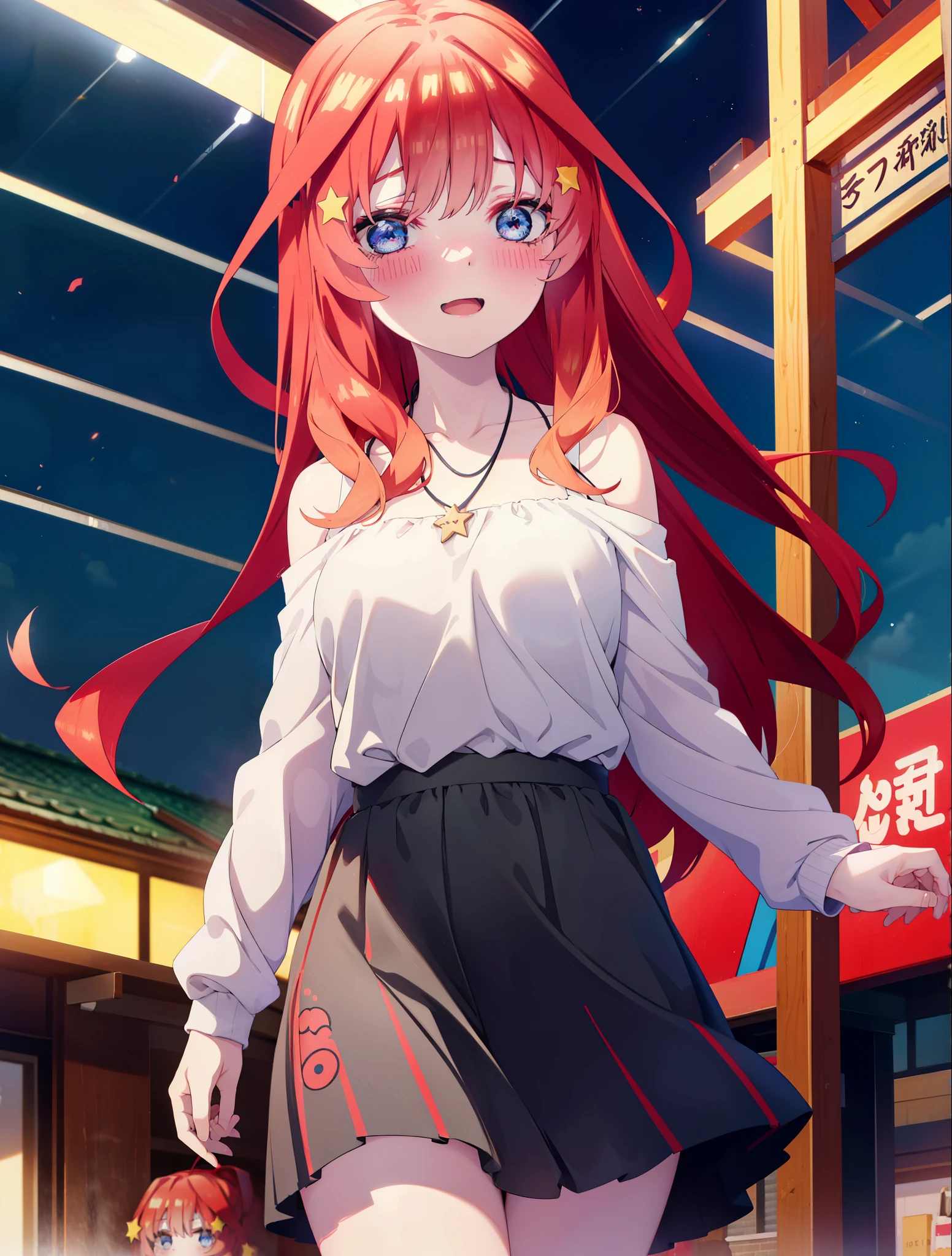 itsukinakano, itsuki nakano, bangs, blue eyes, hair between eyes, Ahoge, redhead, star \(symbol\happy smile, smile, open your mouth,embarrassing,blush, hair ornaments, star hair ornaments,red off shoulder sweater,bare shoulders,bare clavicle,naked neck,Heart Pendant Necklace,Black long skirt,Mini Boots,whole bodyがイラストに入るように,There are many shops,noon,
break outdoors, station　Entrance,
break looking at viewer,whole body (cowboy shot:1.5),
break (masterpiece:1.2), highest quality, High resolution, unity 8k wallpaper, (shape:0.8), (fine and beautiful eyes:1.6), highly detailed face, perfect lighting, Very detailed CG, (perfect hands, perfect anatomy),