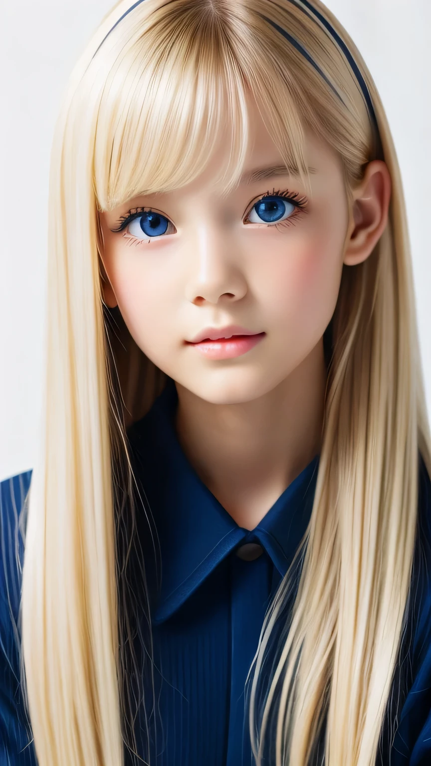 Portrait、、bright look、ponytail、Young, shiny, white, glossy skin、gross face、cheek gloss highlight、best beauty、blonde reflection、Platinum blonde hair with dazzling highlights、shiny bright hair,、super long silky straight hair、Shining beautiful bangs、charming big clear blue eyes、very big eyes、Very beautiful nice cute 15 year old beautiful girl、rich bust