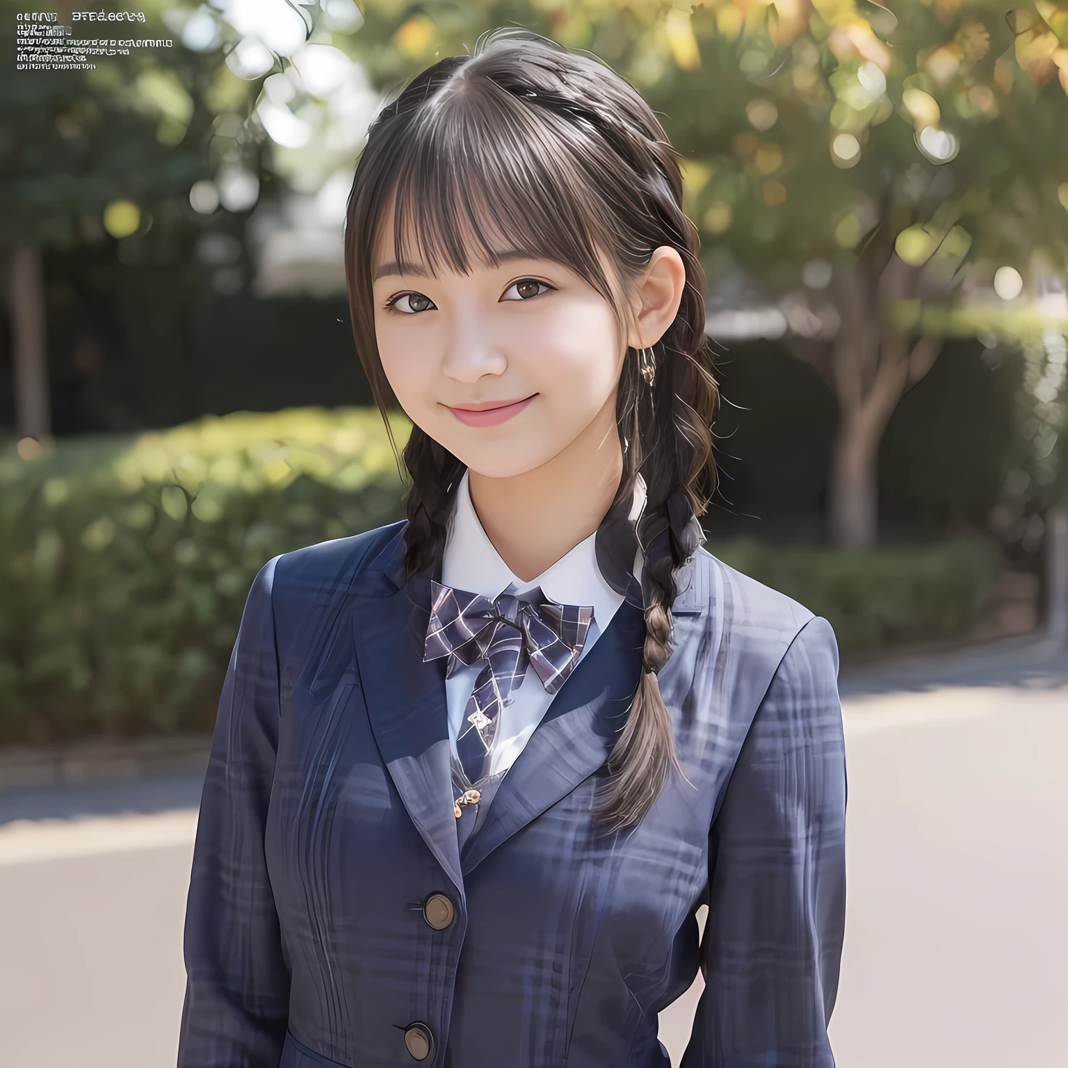 (highest quality、masterpiece:1.2)、highest quality、realistic、photograph、High resolution、1080p、8K、The face is especially pale., physical rendering、((Height: 155cm)), one Japanese girl、((A 15-year-old Japanese junior high school student)), ((Fashion model in a Japanese magazine)), , (((big very detailed beautiful dark brown eyes))), ((blue girly large wine-red glossy polyester Japanese school ribbon bow tie)), (((black beautiful long twin braids hair))), ((((deep blue colored tartan checkered formal long pleated pleated skirt)))), ((A formal dark blue blazer that is slightly oversized and has an emblem on the left chest.)), ((((((smile)))))), mouth is open, The large blazer and skirt are very cute., detailed fingers, Slender body, ((curled bangs)), so beautiful, long eyelashes, ((Very big and very very very cute eyes of a Japanese girl)), ((large pupils)), double eyelids, The entire skirt is photographed, thin eyebrows, ((drooping eyes)), ((long eyelashes)), ((cute lovely lovely laughing laughing cheeks)), ((Pure white light hits her face from above and in the front, making her skin and eyes shine beautifully.)), ((Strong light hits the nose and cheeks、It brings out the richness of the expression.)), (((((A very cute face with a rich expression and a pure look))))), (((Shot from the right side)))
