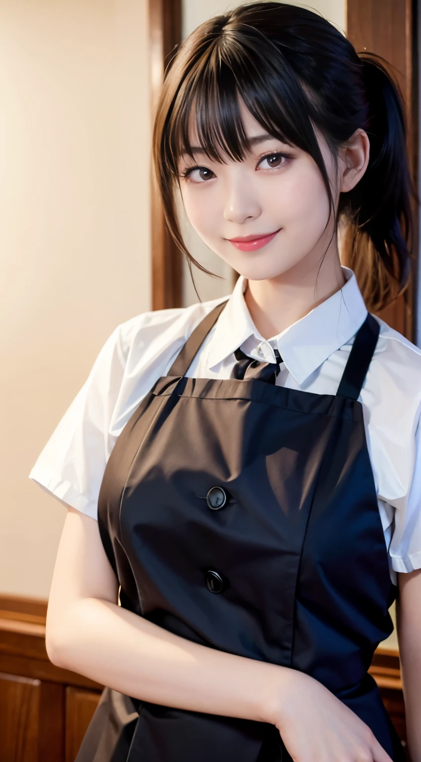 (highest quality,masterpiece:1.3,ultra high resolution,),(Super detailed,caustics),(Photoreal:1.4,RAW shooting,)ultra-realistic capture,very detailed,High resolution 16K human skin close-up。 natural skin texture、,The pores are、、、、Must be detailed enough to be easily identified。 Skin should look even-toned and healthy。 Use natural light and color,restaurant,waitress uniform,1 girl,Japanese,18-year-old,cute,black haired,ponytail,big breasts,smile,turn your body forward,(Front view:1.1),look at the camera,cowboy shot,