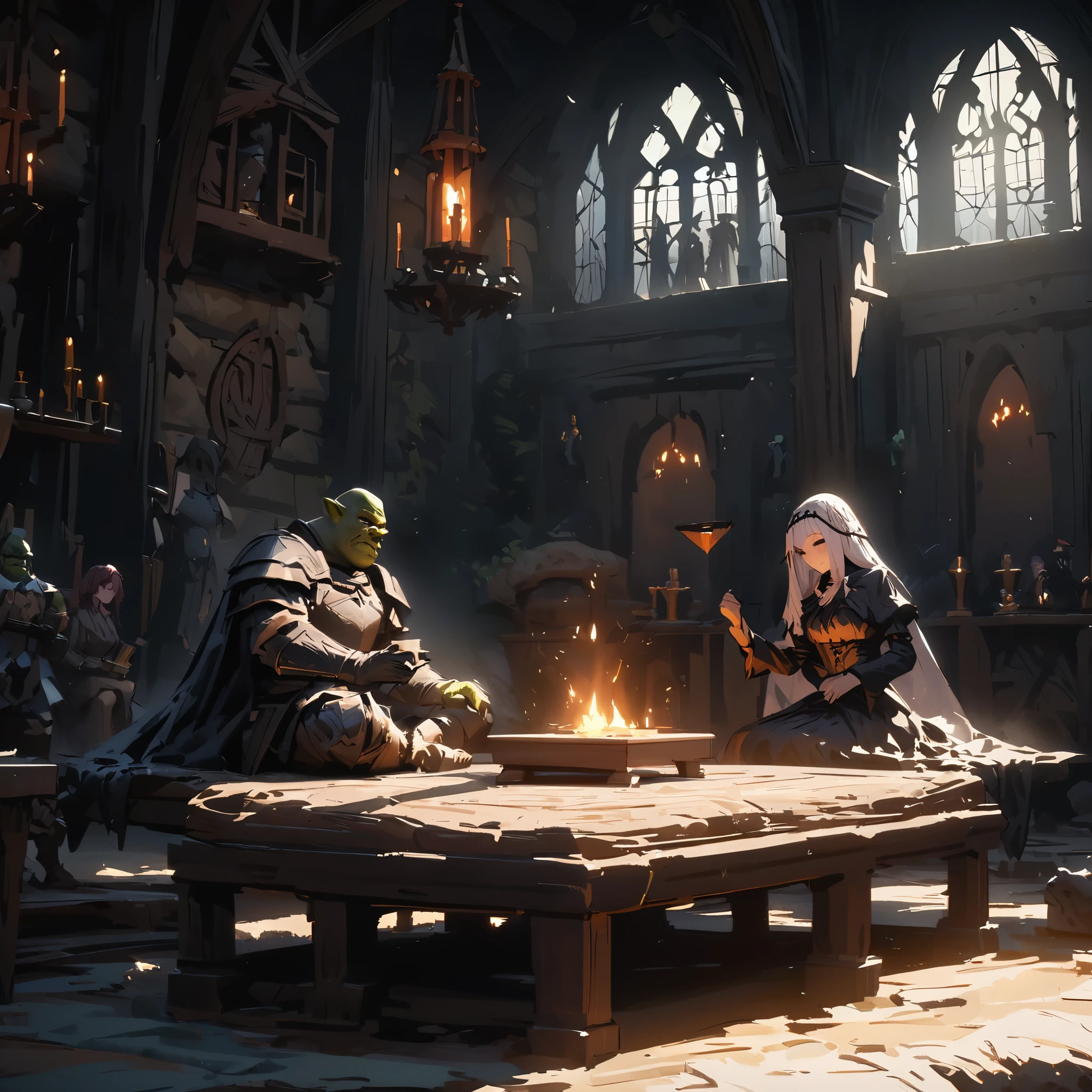 Large scene, outdoor shot looking into interior
Character 1: Interior of darkened witch's cottage, black magic witch, veiled, divining, thin and wiry, seated on one side of divining table, with a black cat by her side, the
Figure 2: Orc officer, sitting on the other side of the witch's divination table, wearing armor, tall and lanky.
Best quality, beautiful picture, extreme detail, masterpiece, cinematic light, masterpiece, impasto