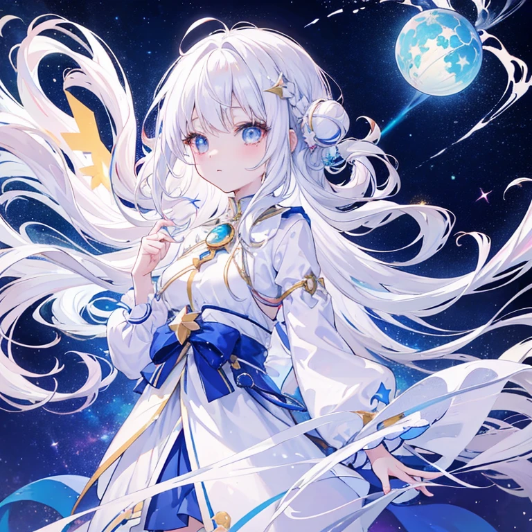 anime girl with long white hair and a star in her hair, white haired deity, anime girl with cosmic hair, star(sky) starry_sky, anime visual of a cute girl, splash art anime , white glowing aura, girl with white hair, ethereal anime, akasuki voidstar, celestial aura, nightcore, anime moe artstyle