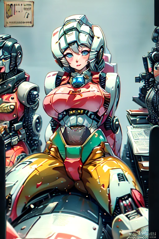 masterpiece, highest quality, (Many transformers-), (A perfect and pretty human female face), All of the bodies have their internal skeletons exposed except for their faces., None of them are wearing exoskeletons., Everyone is showing off their bodies, lively, colorful, Inside the maintenance workshop, Under maintenance, Wide scree-The, 背景の整備中のAutobot, master piece, full body shot, multiple, Some are in the process of transforming into beagle mode for planes and cars., Autobot, (6+transformers:1.9)