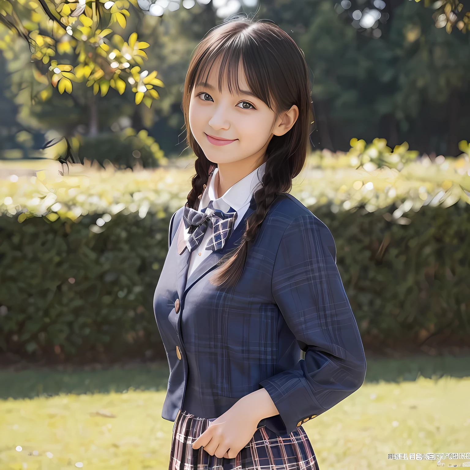 (highest quality、masterpiece:1.2)、highest quality、realistic、photograph、High resolution、1080p、8K、The face is especially pale., physical rendering、((Height: 155cm)), one Japanese girl、((A 15-year-old Japanese junior high school student)), ((Fashion model in a Japanese magazine)), , (((big very detailed beautiful dark brown eyes))), ((blue girly large wine-red glossy polyester Japanese school ribbon bow tie)), (((black beautiful long twin braids hair))), ((((deep blue colored tartan checkered formal long pleated pleated skirt)))), ((A formal dark blue blazer that is slightly oversized and has an emblem on the left chest.)), ((((((smile)))))), mouth is open, The large blazer and skirt are very cute., detailed fingers, Slender body, ((curled bangs)), so beautiful, long eyelashes, ((Very big and very very very cute eyes of a Japanese girl)), ((large pupils)), double eyelids, The entire skirt is photographed, thin eyebrows, ((drooping eyes)), ((long eyelashes)), ((cute lovely lovely laughing laughing cheeks)), ((Pure white light hits her face from above and in the front, making her skin and eyes shine beautifully.)), ((Strong light hits the nose and cheeks、It brings out the richness of the expression.)), (((((Her face is expressive, pure and very intelligent.))))), (((Shot from the right side)))