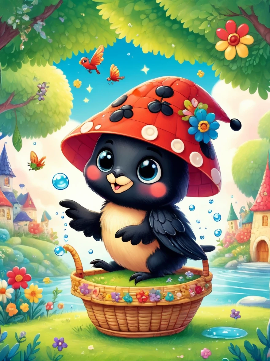 cute red ladybug smiling with a flower hat in a beautiful basket, bubbles, Munchkin, Geometric multidimensional wall portrait, livro de arte, chibi, Beautiful, Colouring, Obras, of the highest quality, Arte Oficial, Beautiful and Aesthetic, best quality