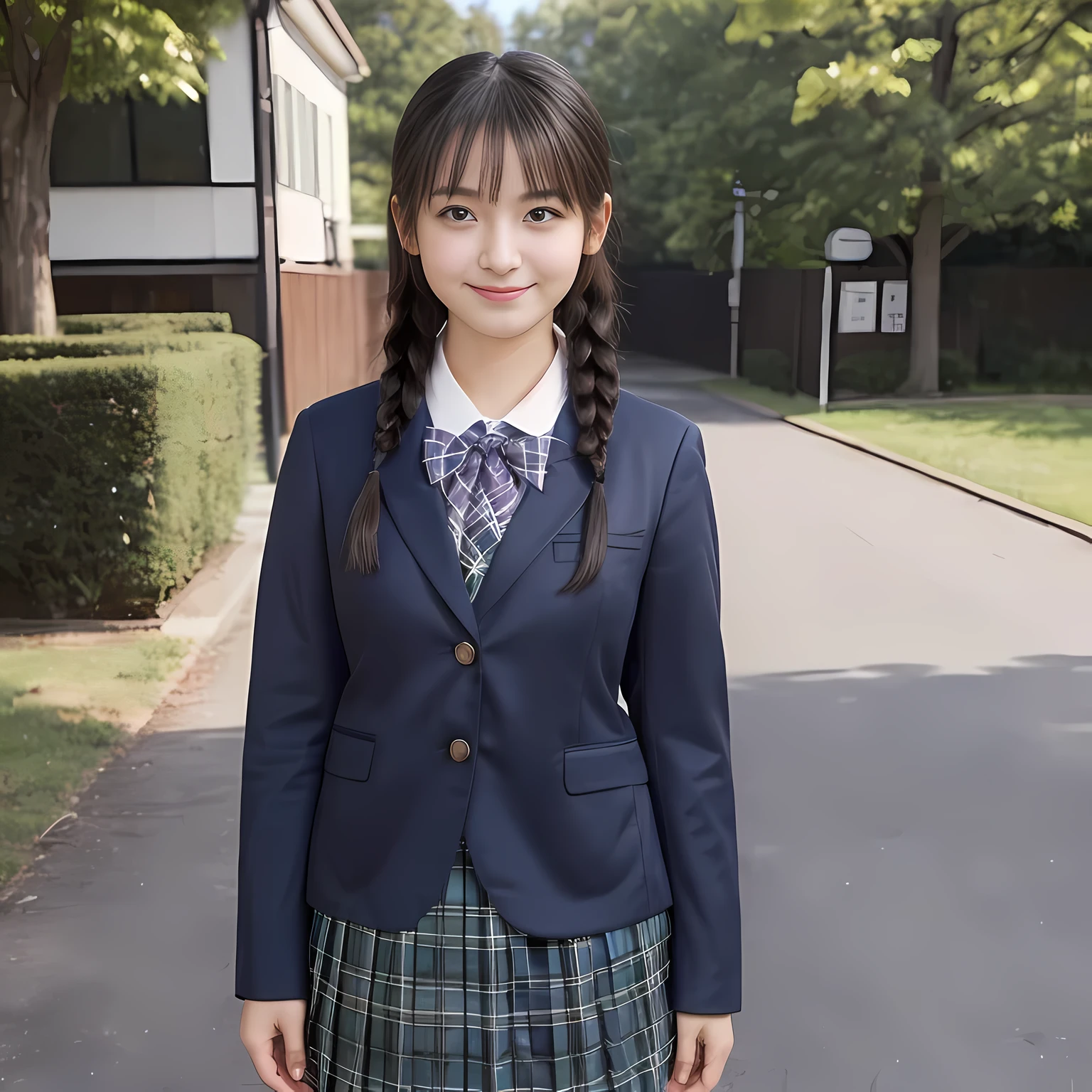 (highest quality、masterpiece:1.2)、highest quality、realistic、photograph、High resolution、1080p、8K、The face is especially pale., physical rendering、((Height: 155cm)), one Japanese girl、((A 15-year-old Japanese junior high school student)), ((Fashion model in a Japanese magazine)), , (((big very detailed beautiful dark brown eyes))), ((blue girly large wine-red glossy polyester Japanese school ribbon bow tie)), (((black beautiful long twin braids hair))), ((((deep blue colored tartan checkered formal long pleated pleated skirt)))), ((A formal dark blue blazer that is slightly oversized and has an emblem on the left chest.)), ((((((smile)))))), mouth is open, The large blazer and skirt are very cute., detailed fingers, Slender body, ((curled bangs)), so beautiful, long eyelashes, ((Very big and very very very cute eyes of a Japanese girl)), ((large pupils)), double eyelids, The entire skirt is photographed, thin eyebrows, ((drooping eyes)), ((long eyelashes)), ((cute lovely lovely laughing laughing cheeks)), ((Pure white light hits her face from above and in the front, making her skin and eyes shine beautifully.)), ((Strong light hits the nose and cheeks、It brings out the richness of the expression.)), (((((Her face is expressive, pure and very intelligent.))))), (((Shot from the right side)))