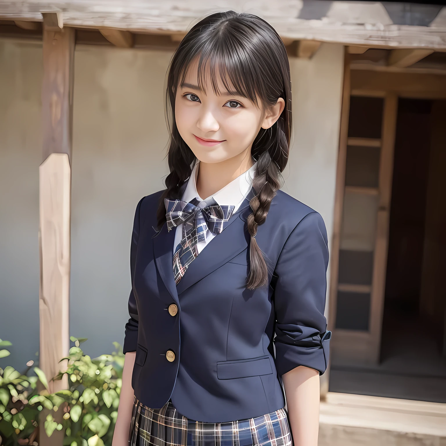 (highest quality、masterpiece:1.2)、highest quality、realistic、photograph、High resolution、1080p、8K、The face is especially pale., physical rendering、((Height: 155cm)), one Japanese girl、((A 15-year-old Japanese junior high school student)), ((Fashion model in a Japanese magazine)), , (((big very detailed beautiful dark brown eyes))), ((blue girly large wine-red glossy polyester Japanese school ribbon bow tie)), (((black beautiful long twin braids hair))), ((((deep blue colored tartan checkered formal long pleated pleated skirt)))), ((A formal dark blue blazer that is slightly oversized and has an emblem on the left chest.)), ((((((smile)))))), mouth is open, The large blazer and skirt are very cute., detailed fingers, Slender body, ((curled bangs)), so beautiful, long eyelashes, ((Very big and very very very cute eyes of a Japanese girl)), ((large pupils)), double eyelids, The entire skirt is photographed, thin eyebrows, ((drooping eyes)), ((long eyelashes)), ((cute lovely lovely laughing laughing cheeks)), ((Pure white light hits her face from above and in the front, making her skin and eyes shine beautifully.)), ((Strong light hits the nose and cheeks、It brings out the richness of the expression.)), (((((Her face is expressive, pure and very intelligent.))))), (((Shot from the right side)))