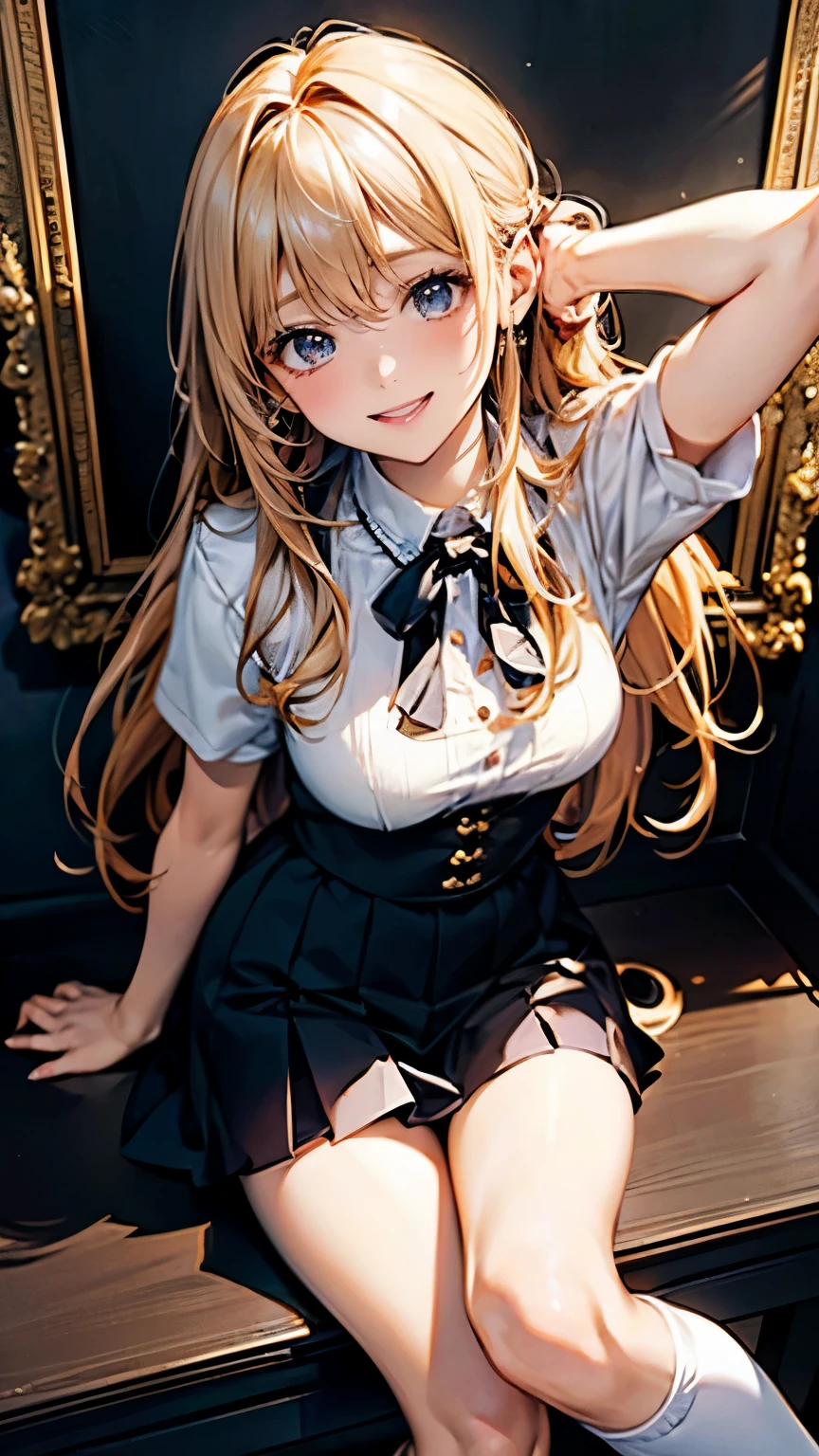 A breathtaking masterpiece、Captured in breathtaking 8K resolution、The portraits are exquisitely detailed and realistic.。The scene is bathed in HDR light.、Depicts a beautiful woman at a medium distance、(semi-long、blonde hair)、medium breasts、high school girl、(uniform、cute ribbon、skirt、knee high socks、blazer、uniformのボタン、uniformの襟、blouse、uniformのskirt、uniformのネクタイ、uniformの靴、uniformのベスト)、In a perfect contrapposto pose、Her hands were delicately placed on her head、Smiling amiably at the viewer。She exudes an aura of grace and charm.。