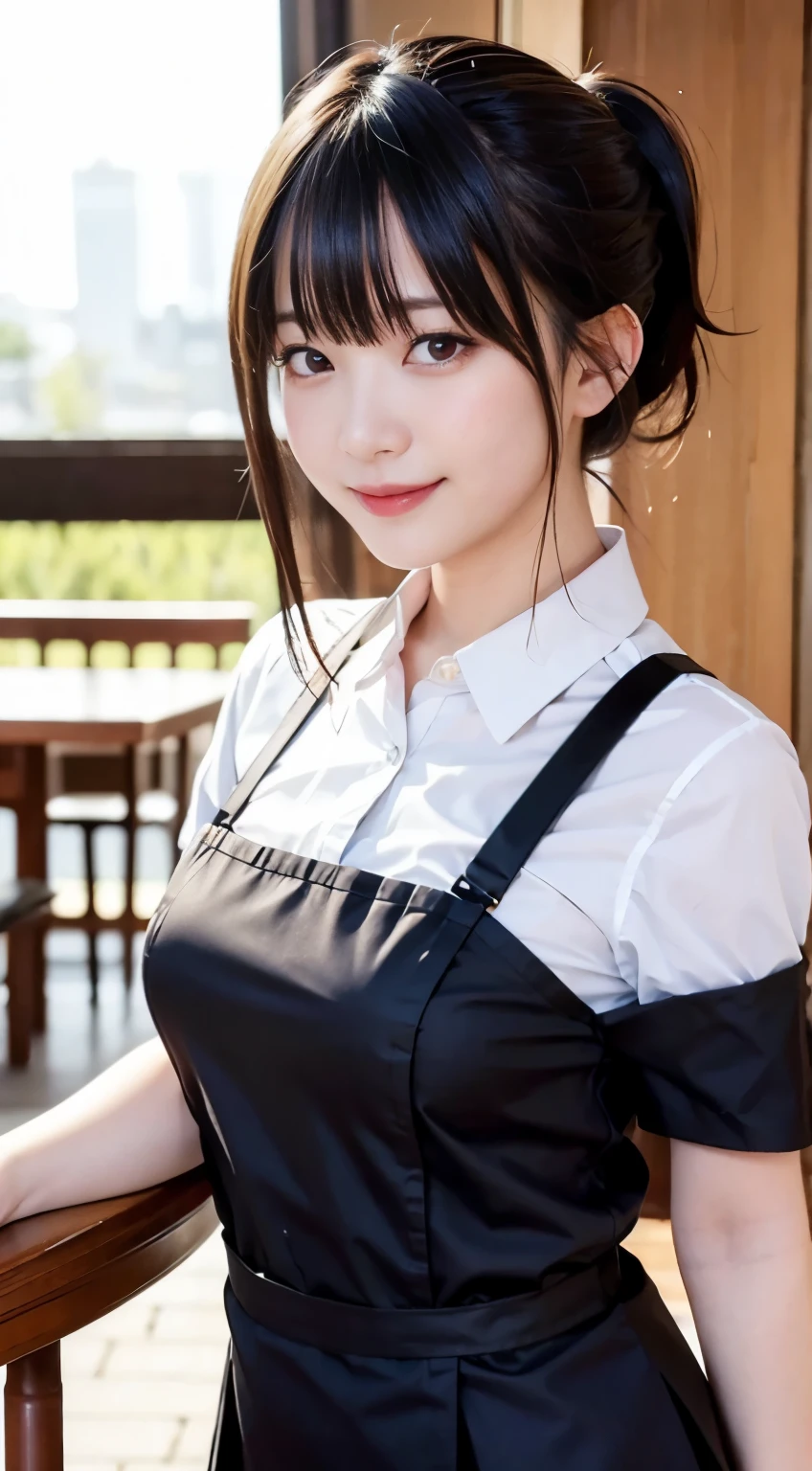 (highest quality,masterpiece:1.3,ultra high resolution,),(Super detailed,caustics),(Photoreal:1.4,RAW shooting,)ultra-realistic capture,very detailed,High resolution 16K human skin close-up。 natural skin texture、,The pores are、、、、Must be detailed enough to be easily identified。 Skin should look even-toned and healthy。 Use natural light and color,restaurant,waitress uniform,1 girl,Japanese,18-year-old,cute,black haired,ponytail,big breasts,smile,turn your body forward,(Front view:1.1),look at the camera,cowboy shot,