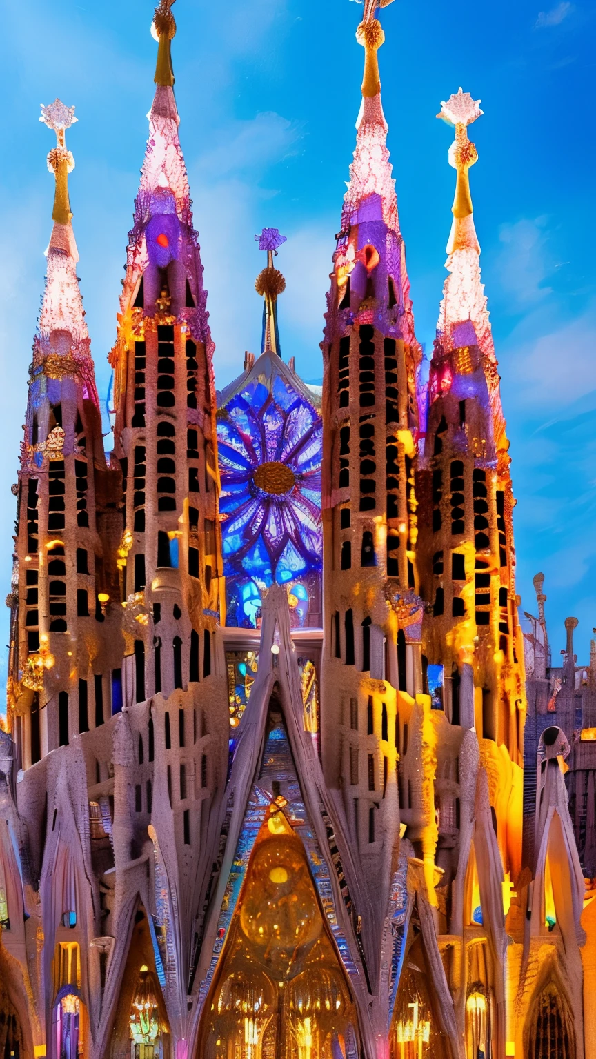 best quality, super fine, 16k, RAW photo, photorealistic, incredibly absurdres, extremely detailed, delicate, flashy and dynamic depiction, mysterious building like the Sagrada Familia made of Triple Excellent Brilliant Cut sparkling colorful translucent gemstones, diffuse reflection of iridescent light, professional neon lighting
