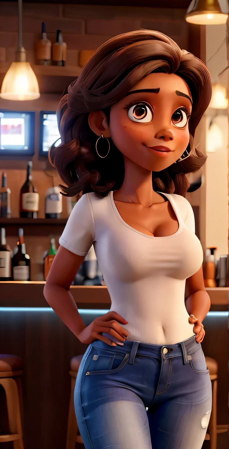 8k, best quality, masterpiece, highly detailed, semi realistic, African woman (saggy breast, thick thights), curly hair, in white tight business suit, visible nipples, visible areola, marked pussy, bar background, spreading her legs
