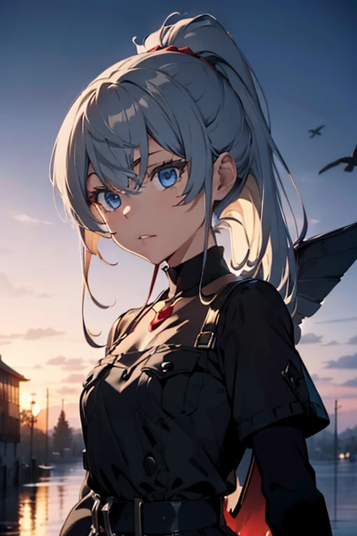 black lips, flying crows, witch (masterpiece), best quality, (((in hyper realistic and detailed fantasy crimson short dress, aethereal fantasy aesthetic style))), intricate perfect beauty face, detailed sharp expressive eyes, hyper realistic and detailed white hair, (((from face to the waist))), (((beauty slim shape))), 4k, UHD