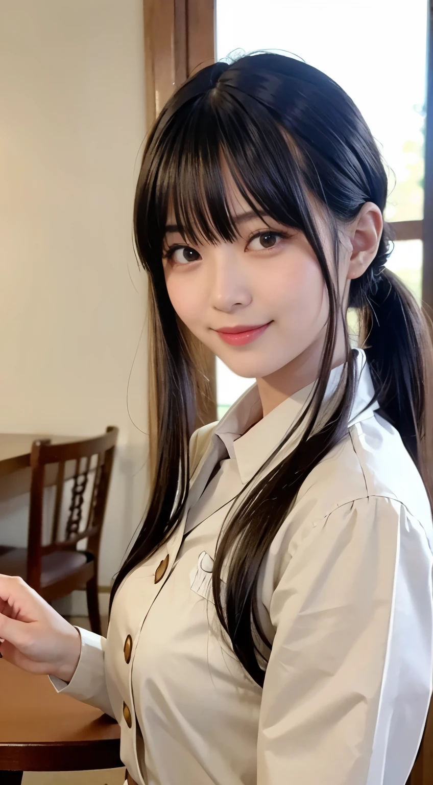 (highest quality,masterpiece:1.3,ultra high resolution,),(Super detailed,caustics),(Photoreal:1.4,RAW shooting,)ultra-realistic capture,very detailed,High resolution 16K human skin close-up。 natural skin texture、,The pores are、、、、Must be detailed enough to be easily identified。 Skin should look even-toned and healthy。 Use natural light and color,restaurant,waitress uniform,1 girl,Japanese,18-year-old,cute,black haired,ponytail,big breasts,smile,turn your body forward,(Front view:1.1),look at the camera,cowboy shot,