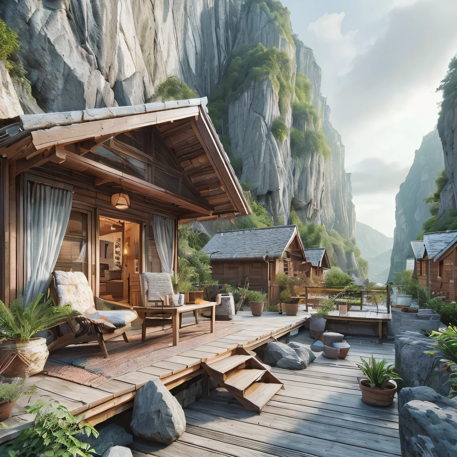 photography of the terrace of a small, simple wooden house, under a rocky cliff