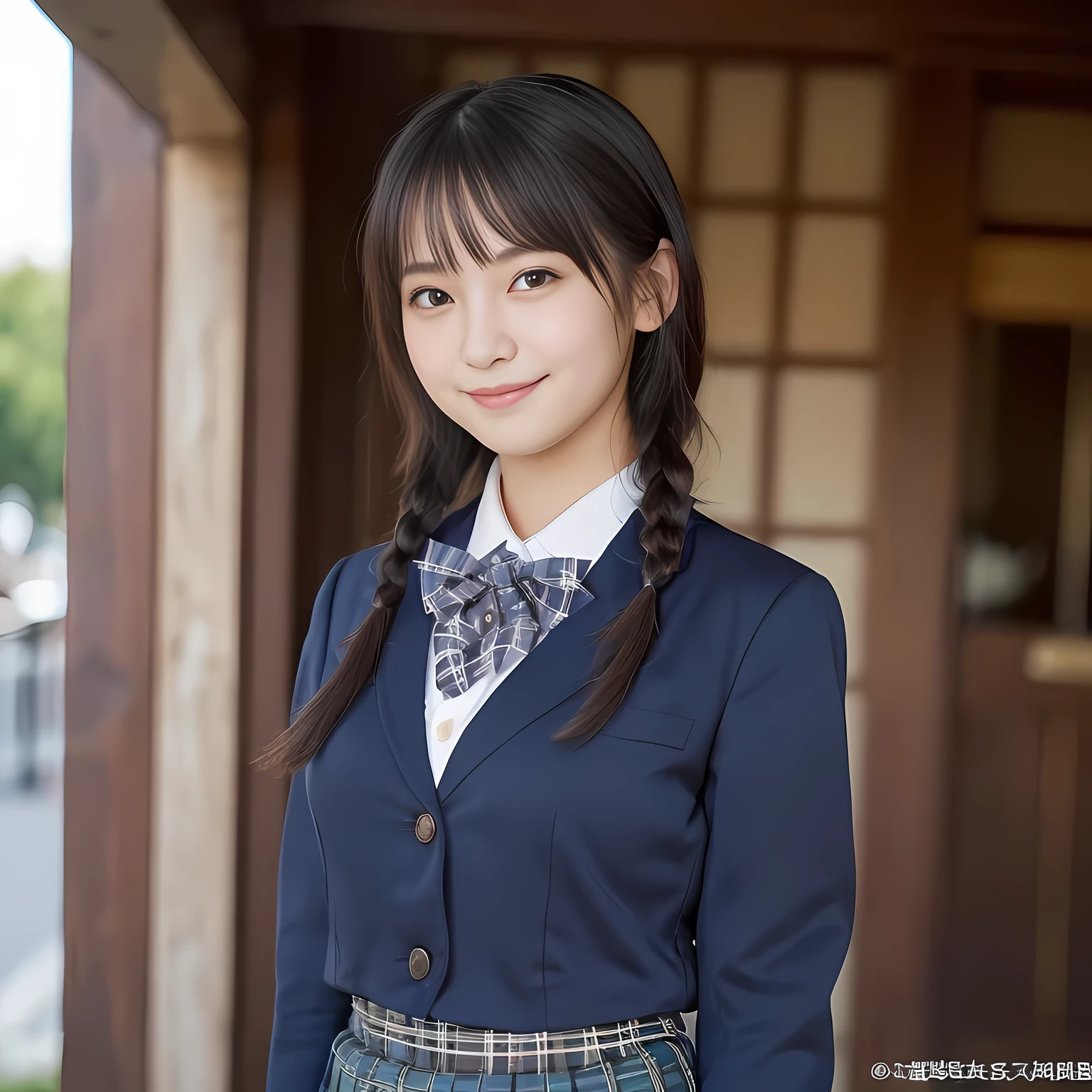 A temple in Kyoto at night, a woman, smiling, 20 years old, school uniform,