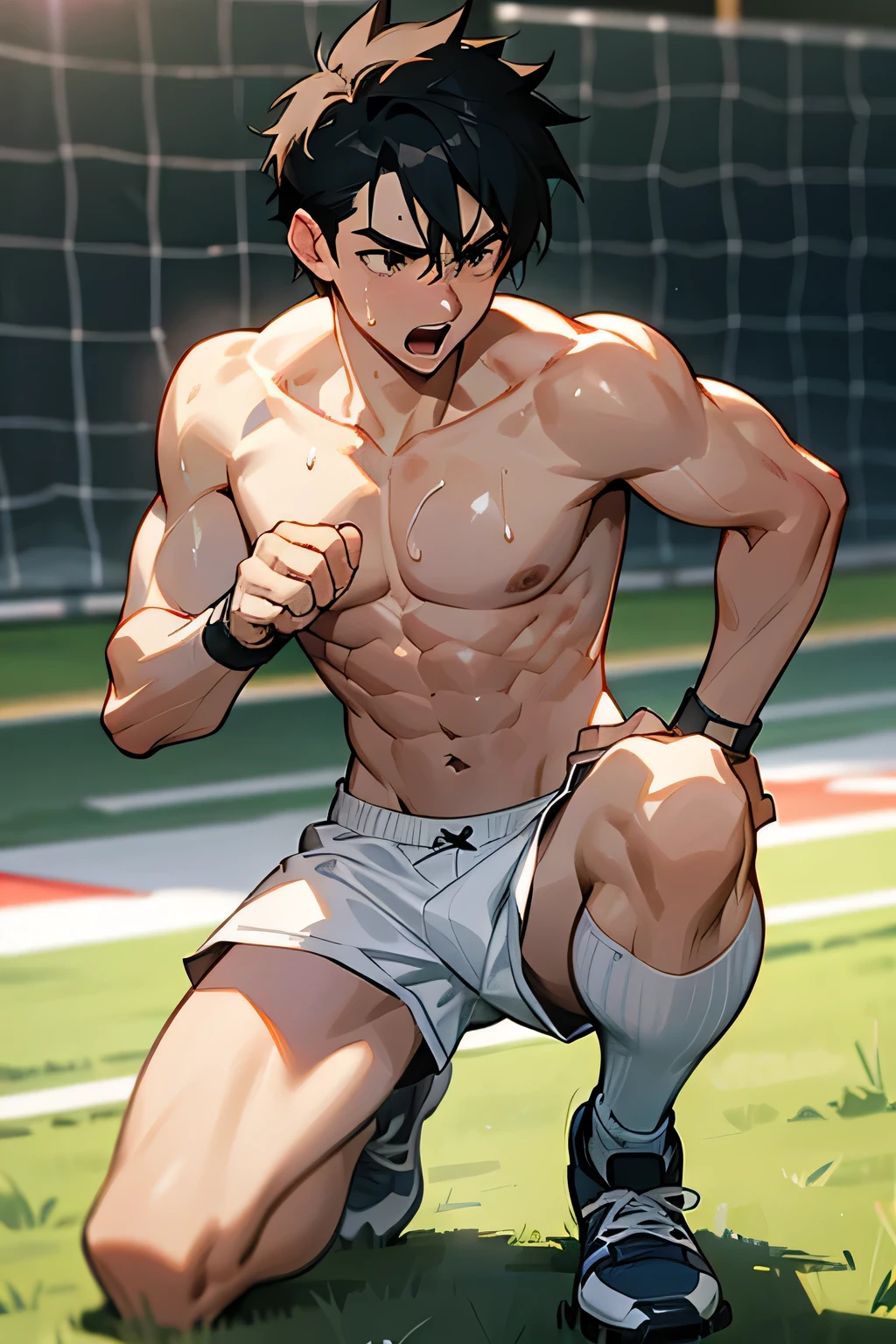 shirtless, super muscular, sweat-drenched body, 22-year old short black hair handsome caucasian male wearing white soccer shorts and shoes, panting, playing soccer on the field, sweating 