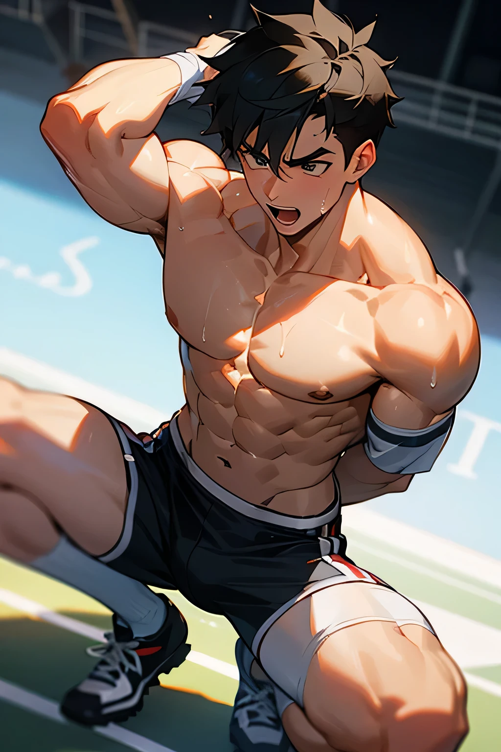 shirtless, super muscular, sweat-drenched body, 22-year old short black hair handsome caucasian male wearing white soccer shorts and shoes, panting, playing soccer on the field, sweating 