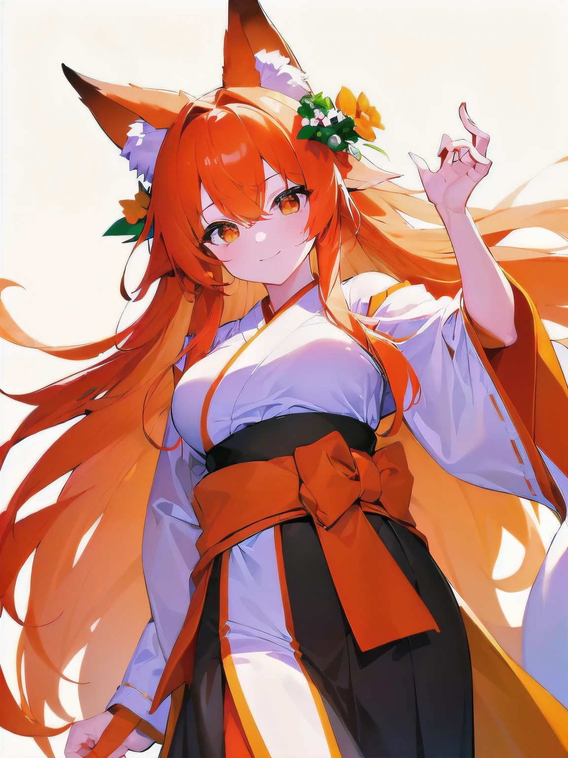 [(WHITE BACKGROUND:1.5),::5], ((((masterpiece)))), high quality, very_high_resolution, large_filesize, full color, breasts, from_below, focus on eyes, girl, woman, female, young, 20 years old, long hair, big hair, orange hair, light smile, fox_ears, (orange eyes), japanese_clothes,