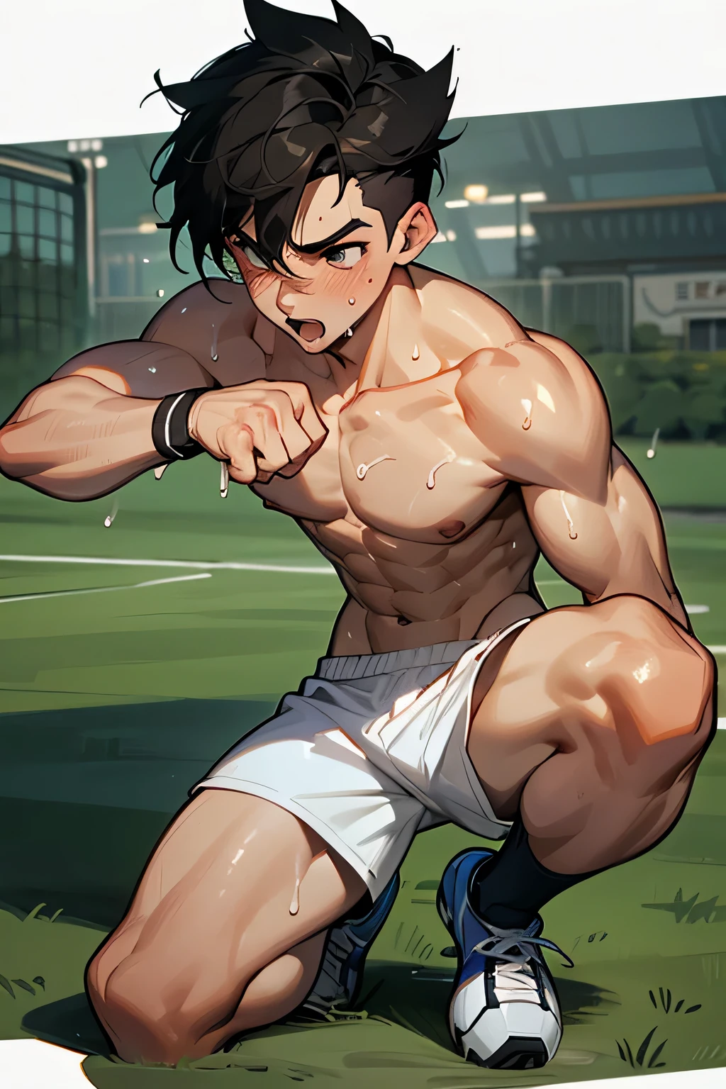 shirtless, super muscular, sweat-drenched body, 22-year old short black hair handsome caucasian male wearing sweat-drenched white soccer shorts and shoes, panting, playing soccer on the field, sweating
