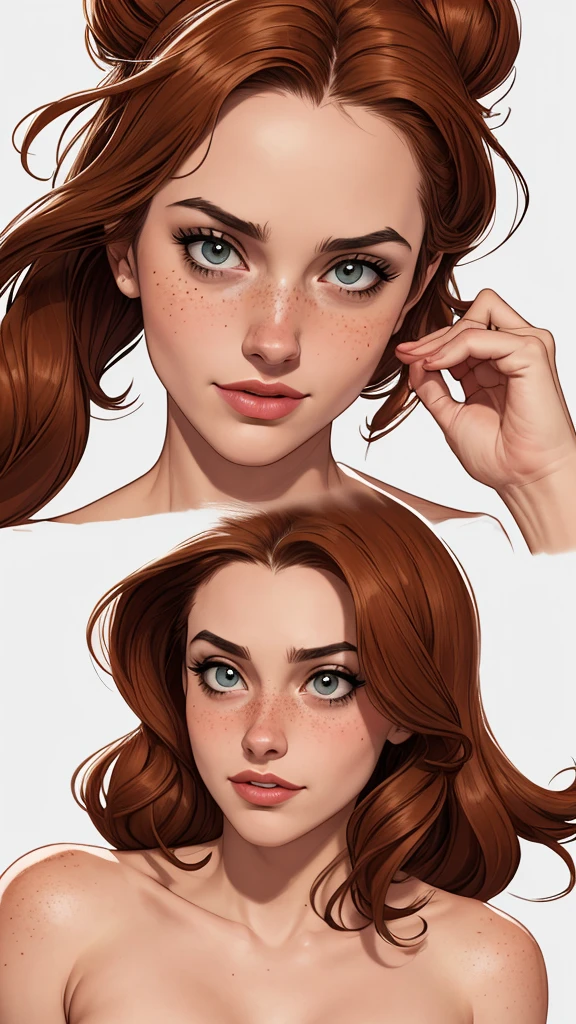 Character style illustration style Completely bare breasts showing a little fear Breast size Cartoon name: Isabella Cruz white background medium breasts freckled face Hermione Granger actress strong contours Physical description - long straight hair, tingidos de um marrom vibrante que contrasta com sua pele clara. - You reflect a mix of curiosity and determination. - Ela tem uma estatura alta, with a slender and agile figure, evidenciando sua agilidade e destreza. -fundo colorido Design de personagens de retrato, beautiful digital illustration, retrato de alta qualidade, Arte em quadrinhos, Corpo inteiro sensualizando ou pelada. folha de retorno. return sheet member of the day outfits hell day expression love wearing Gryffindor outfits