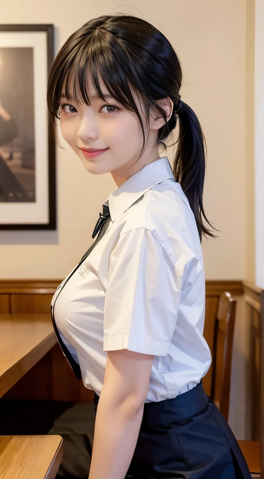 (highest quality,masterpiece:1.3,ultra high resolution,),(Super detailed,caustics),(Photoreal:1.4,RAW shooting,)ultra-realistic capture,very detailed,High resolution 16K human skin close-up。 natural skin texture、,The pores are、、、、Must be detailed enough to be easily identified。 Skin should look even-toned and healthy。 Use natural light and color,restaurant,waitress uniform,1 girl,Japanese,18-year-old,cute,black haired,ponytail,big breasts,smile,turn your body forward,(Front view:1.1),look at the camera,cowboy shot,