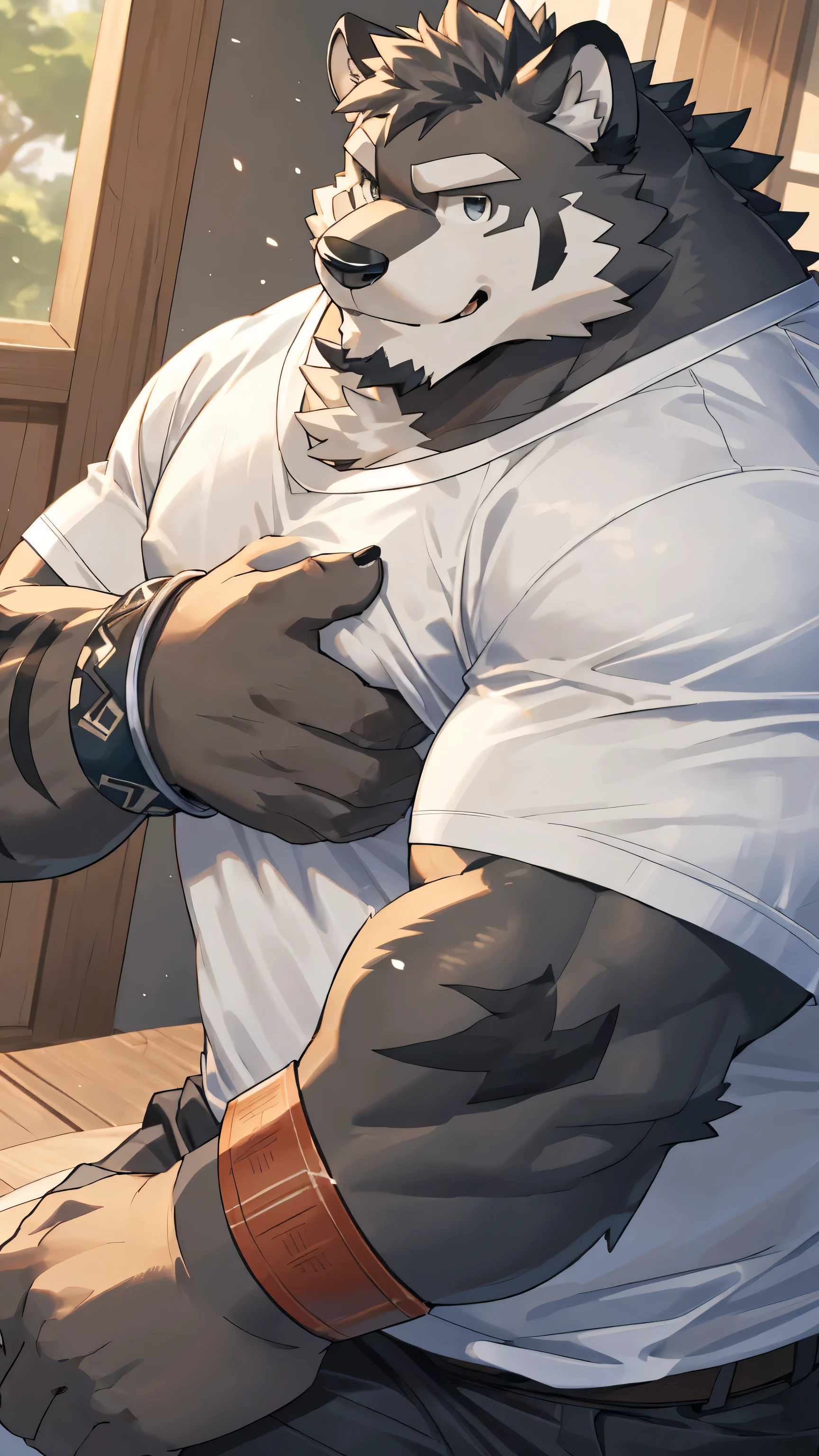 alone, ((fluffy fur, fluffy, hairy body)), detailed fluffy fur, Detailed face, delicate Eye, dynamic poses, (super detailed), sharp focus, Genji, Eye, hairy, (Gray black fur:1.5), White beard, human nature (black tiger), male, middle aged, white belly,Strengthens pectoral muscles，))), (endomorph body type:0.6), Not too fat, rest ((Bracelet，exposed breasts ，White T-shirt)), ultra Detailed face, high detail, high quality, (best quality,4K,8K,High resolution,masterpiece:1.2), (close up:1.3), author：Takemoto Arashi, by kulplant, author：ghost of emptiness, From raccoon21, dynamic lighting, Smile, (whole body:1.4), looking at the audience, eternal, close up portrait, indoorHigh resolution, Support your abdomen with your hands,Detailed hands