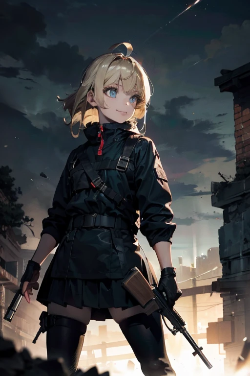 a 20 yo woman、a blond、A smile、turned around、(hi-top fade:1.3)、skirt by the、dark themed、Muted Tones、Subdued Color、highly contrast、(natural skin textures、Hyper-Realism、Soft light、sharp)、{{Masterpiece, top quality, highly detailed CG, unified 8k wallpaper, movie lighting, lens flare}}, 1 girl holding a rifle through the wall, wide view, thick body, long blonde hair soaring in the wind, green eyes, (holding a weapon, holding a rifle, aiming, aiming: 1.4), gun, h&k hk416, carbine, open fire, rubble, ruins of conflict areas, plumes, nitric smoke, blast waves, Flying bullets, sniper, 35mm, f/1.8, night