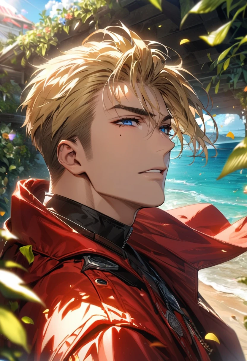 Ultra detailed, Highres, absurdres, HDR, Vash, blonde hair, blue eyes, mole under his eye, Trigun Stampede, amber round sunglasses, red long coat, black gloves, green leaves, summer, flowers and petals, handsome, 1 man only