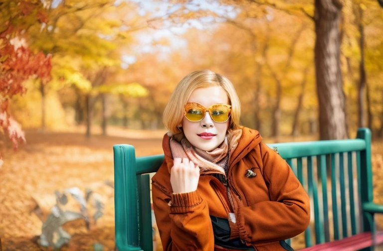 blonde hair，blond，（Blonde hair woman，blond），There is a woman sitting on a park bench, in Howevern, in the Howevern, golden autumn season, Wearing red tinted glasses, Sitting in a colorful forest, Comes with sunglasses, in autumn, Candid Portraits, Woman wearing rose-colored glasses, Single eye 50mm portrait photo, However, Inspired by Li Keran, Howevern season, Cover Photo Cuckoo Portrait