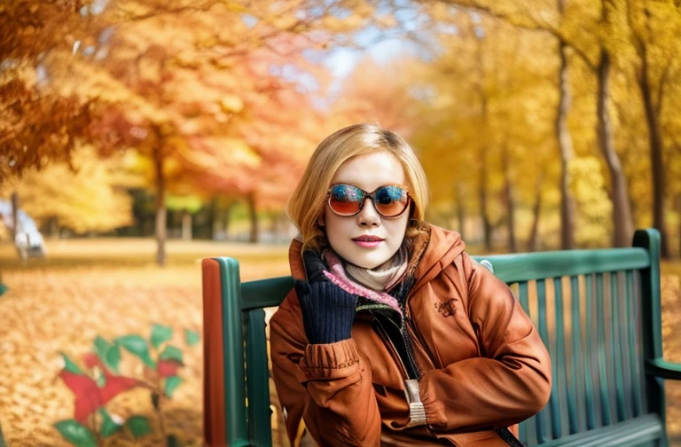 blonde hair,blond,(Blonde hair woman,blond),There is a woman sitting on a park bench, in Howevern, in the Howevern, golden autumn season, Wearing red tinted glasses, Sitting in a colorful forest, Comes with sunglasses, in autumn, Candid Portraits, Woman wearing rose-colored glasses, Single eye 50mm portrait photo, However, Inspired by Li Keran, Howevern season, Cover Photo Cuckoo Portrait