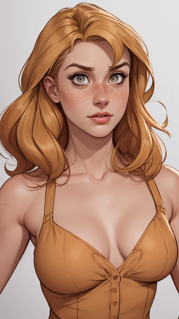 Character style illustration style Completely bare breasts showing small fear Breast size Cartoon name: white background medium breasts freckled face Sabrina Spielman actress strong contours Physical description - long, straight hair, tingidos de um marrom vibrante que contrasta com sua pele clara. - You reflect a mix of curiosity and determination. - Ela tem uma estatura alta, with a slender and agile figure, evidenciando sua agilidade e destreza. -fundo colorido Design de personagens de retrato, beautiful digital illustration, retrato de alta qualidade, Arte em quadrinhos, Corpo inteiro sensualizando ou pelada. folha de retorno. return sheet member clothes of the day hell day expression love using sanserina and Harry Potter clothes