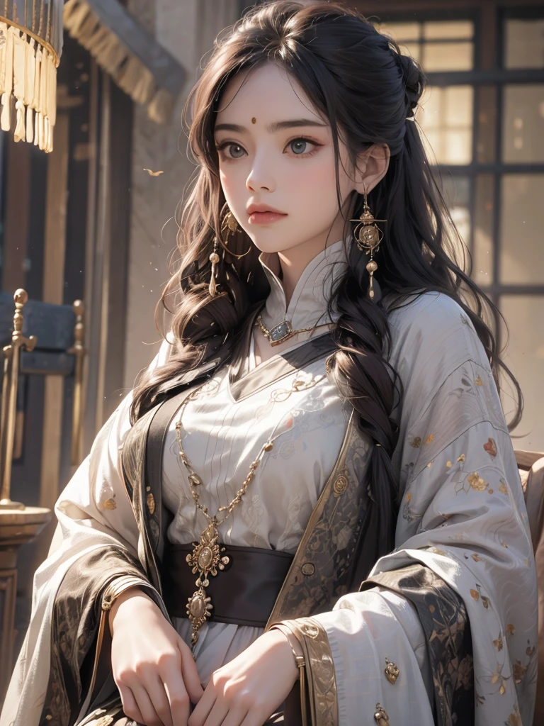 top quality, High image quality, masterpiece, The role must be carefully considered, Black hair, delicate eyes, White clothes, look up, Upper body, Hair, White skin, faint smile,