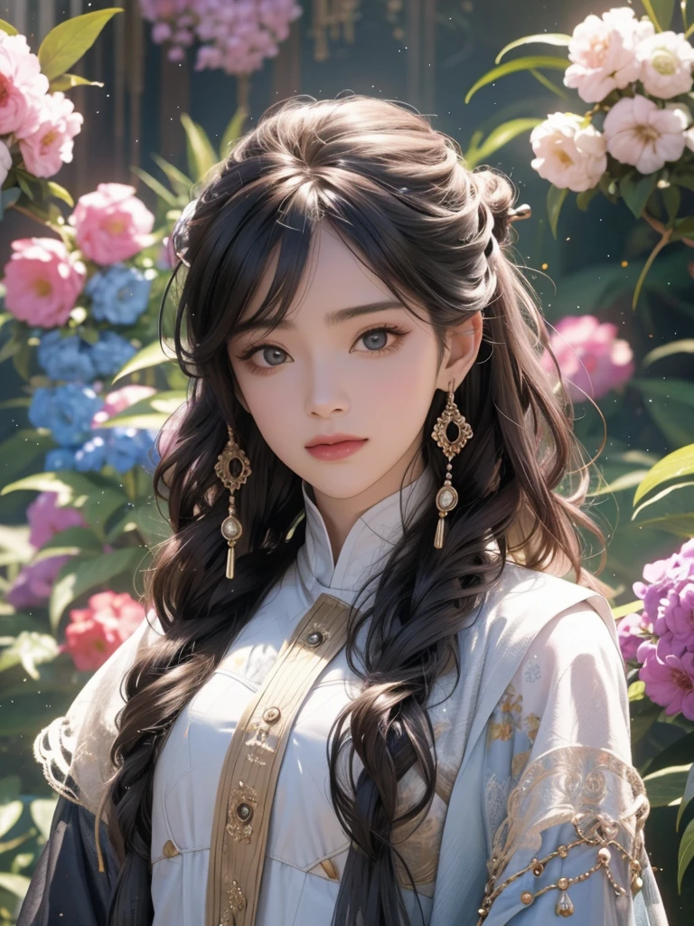 top quality, High image quality, masterpiece, The role must be carefully considered, Black hair, delicate eyes, White clothes, look up, Upper body, Hair, White skin, faint smile,