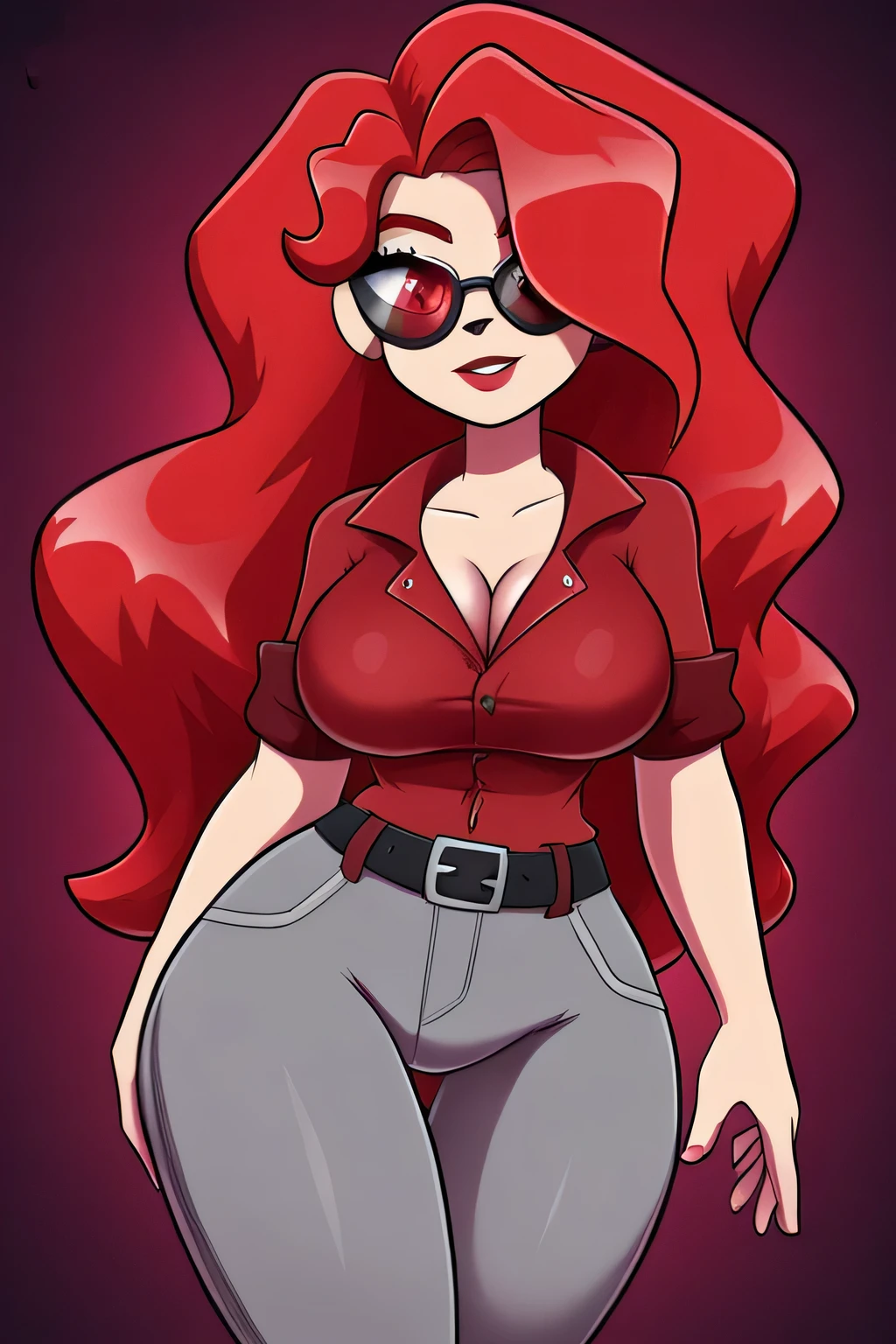 A tall sexy woman with light skin, big chest, wavy red hair, long fluffy red eyes, wearing sunglasses and wearing a ruby red top, wearing a transparent red shirt and her metallic gray pants, wearing a black belt with a big thigh and leg.