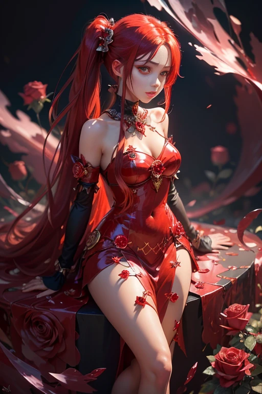 A young woman with very long red twintails, Perfect proportions, (defined eyes, eye correction), red crystal roses, ((More red crystal roses)), posing for a photo, (Abstract art:1.6), (Delicate images), (Highly detailed), (high resolution), (Best quality), (masterpiece)