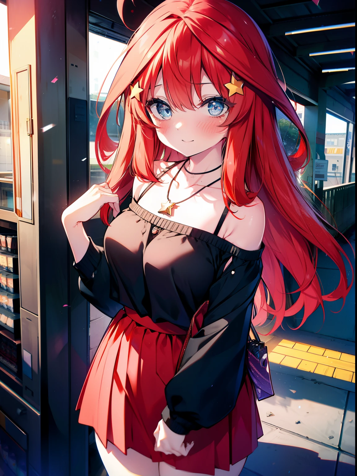 itsukinakano, itsuki nakano, bangs, blue eyes, hair between eyes, Ahoge, redhead, star \(symbol\happy smile, smile, open your mouth,embarrassing,blush, hair ornaments, star hair ornaments,red off shoulder sweater,bare shoulders,bare clavicle,naked neck,Heart Pendant Necklace,Black long skirt,Mini Boots,whole bodyがイラストに入るように,There are many shops,noon,
break outdoors, station　Entrance,
break looking at viewer,whole body (cowboy shot:1.5),
break (masterpiece:1.2), highest quality, High resolution, unity 8k wallpaper, (shape:0.8), (fine and beautiful eyes:1.6), highly detailed face, perfect lighting, Very detailed CG, (perfect hands, perfect anatomy),