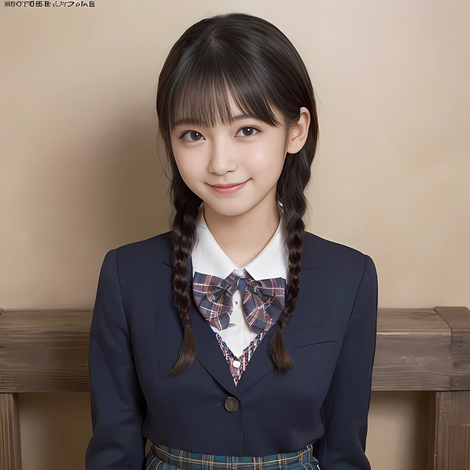 (highest quality、masterpiece:1.2)、highest quality、realistic、photograph、High resolution、1080p、8K、The face is especially pale., physical rendering、((Height: 155cm)), one Japanese girl、((A 15-year-old Japanese junior high school student is sitting)), (((Fashion model in a Japanese magazine))), , (((big very detailed beautiful dark brown eyes))), ((blue girly large wine-red glossy polyester Japanese school ribbon bow tie)), (((black beautiful long twin braids hair))), ((((deep blue colored tartan checkered formal long pleated pleated skirt)))), ((A formal dark blue blazer that is slightly oversized and has an emblem on the left chest.)), ((((((smile)))))), mouth is open, The large blazer and skirt are very cute., detailed fingers, Slender body, ((curled bangs)), so beautiful, long eyelashes, ((Very big and very very very cute eyes of a Japanese girl)), ((large pupils)), double eyelids, The entire skirt is photographed, thin eyebrows, ((drooping eyes)), ((long eyelashes)), ((cute lovely lovely laughing laughing cheeks)), ((Pure white light hits her face from above and in the front, making her skin and eyes shine beautifully.)), ((Strong light hits the nose and cheeks、It brings out the richness of the expression.)), (((((Her face is expressive, pure and very intelligent.))))), (((Shot from the right side)))