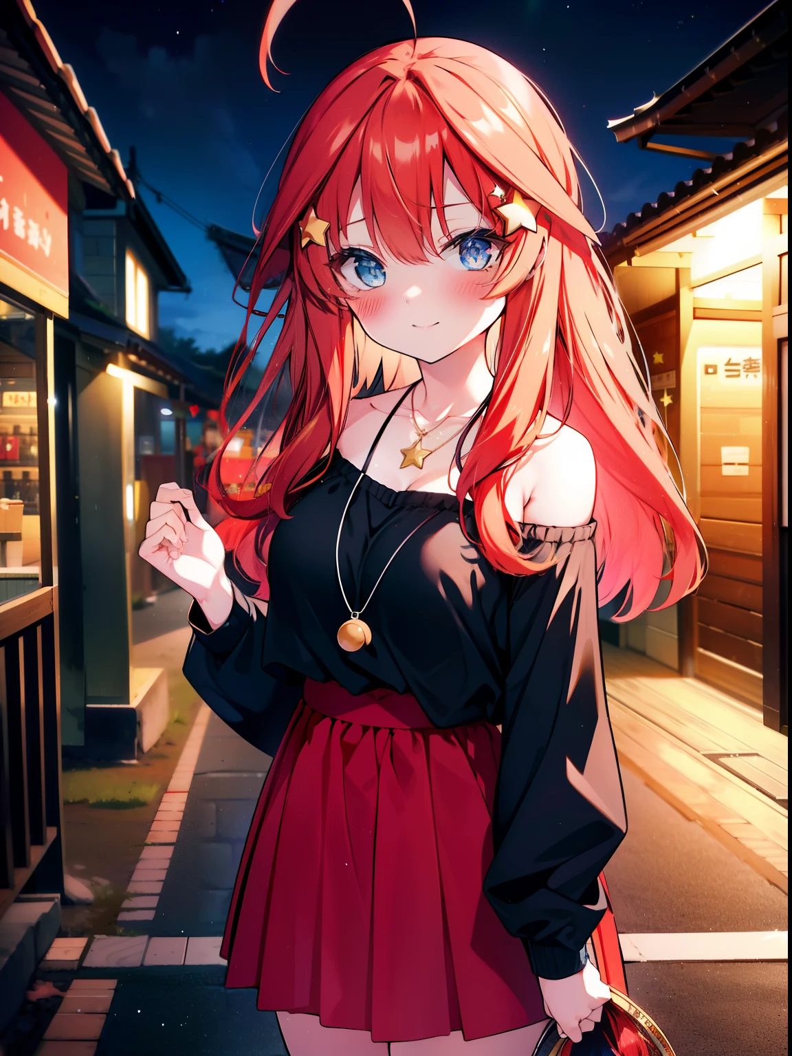 itsukinakano, itsuki nakano, bangs, blue eyes, hair between eyes, Ahoge, redhead, star \(symbol\happy smile, smile, open your mouth,embarrassing,blush, hair ornaments, star hair ornaments,red off shoulder sweater,bare shoulders,bare clavicle,naked neck,Heart Pendant Necklace,Black long skirt,Mini Boots,whole bodyがイラストに入るように,There are many shops,noon,
break outdoors, station　Entrance,
break looking at viewer,whole body (cowboy shot:1.5),
break (masterpiece:1.2), highest quality, High resolution, unity 8k wallpaper, (shape:0.8), (fine and beautiful eyes:1.6), highly detailed face, perfect lighting, Very detailed CG, (perfect hands, perfect anatomy),
